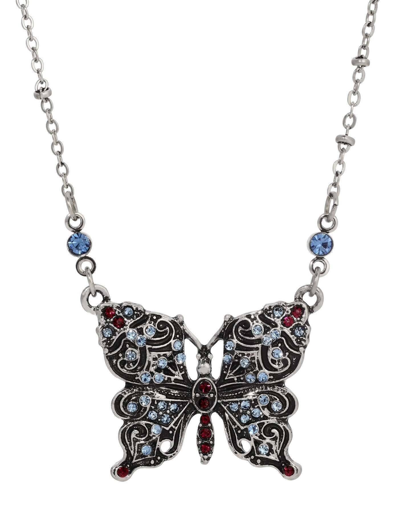 Regency Antiqued Butterfly Multi Color Crystals Pendant Necklace 16" + 3" Extension