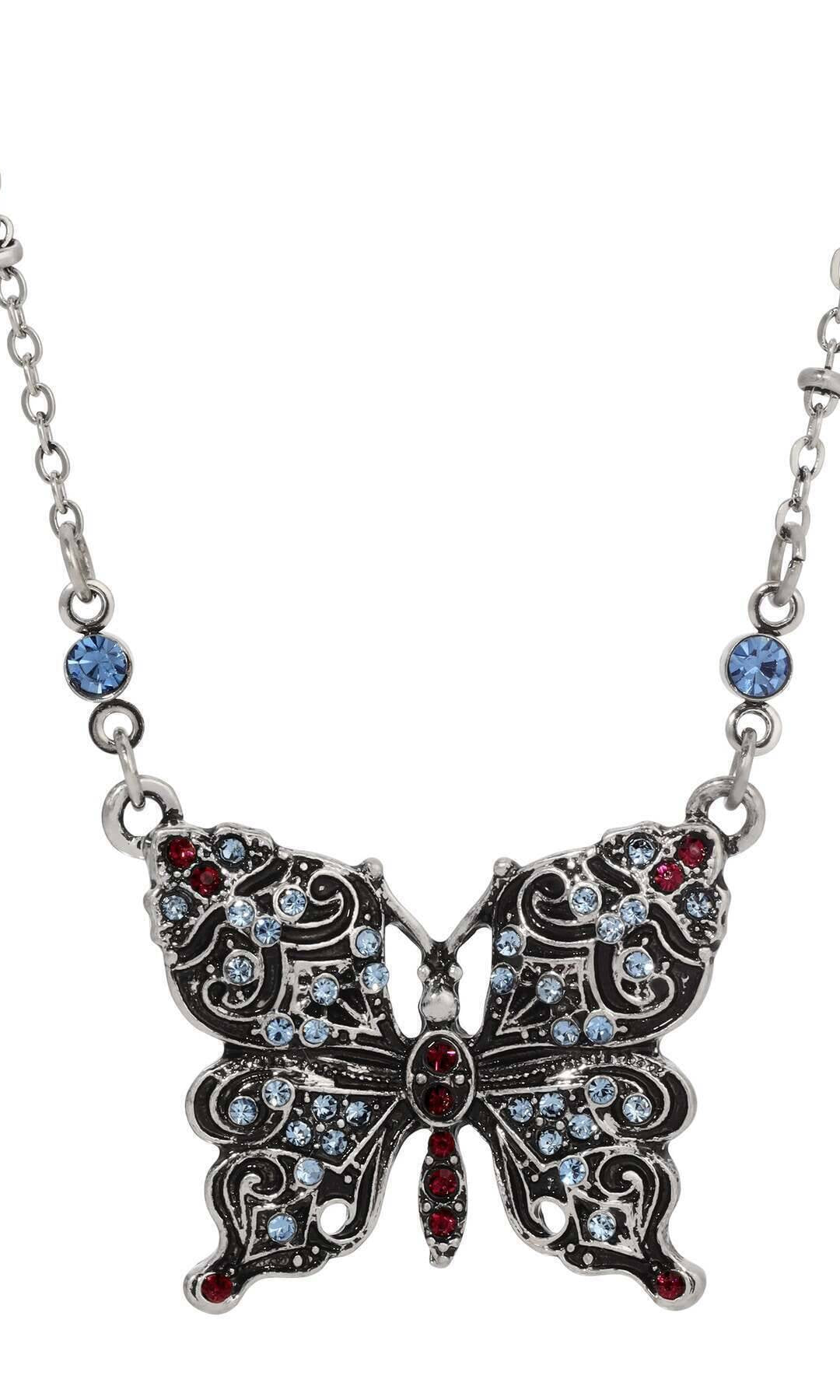 Regency Antiqued Butterfly Multi Color Crystals Pendant Necklace 16" + 3" Extension