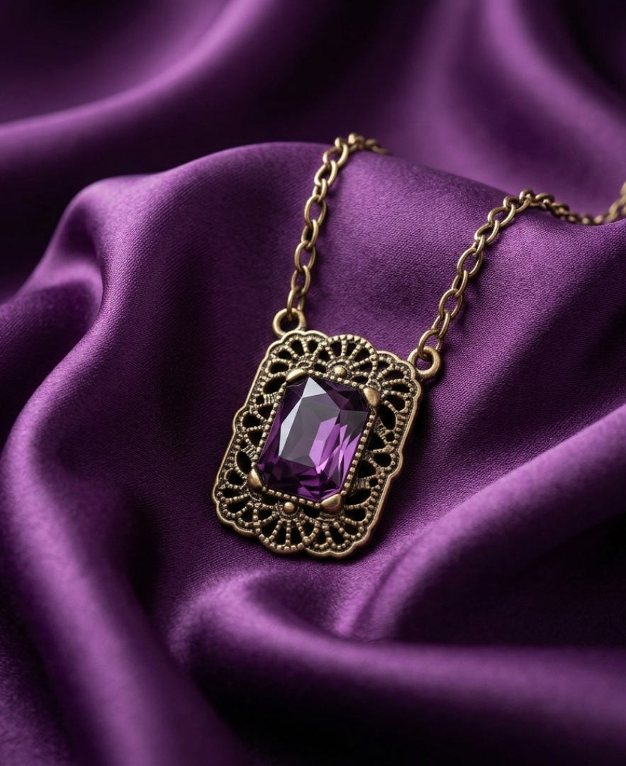Gold necklace with a purple crystal pendant on purple fabric