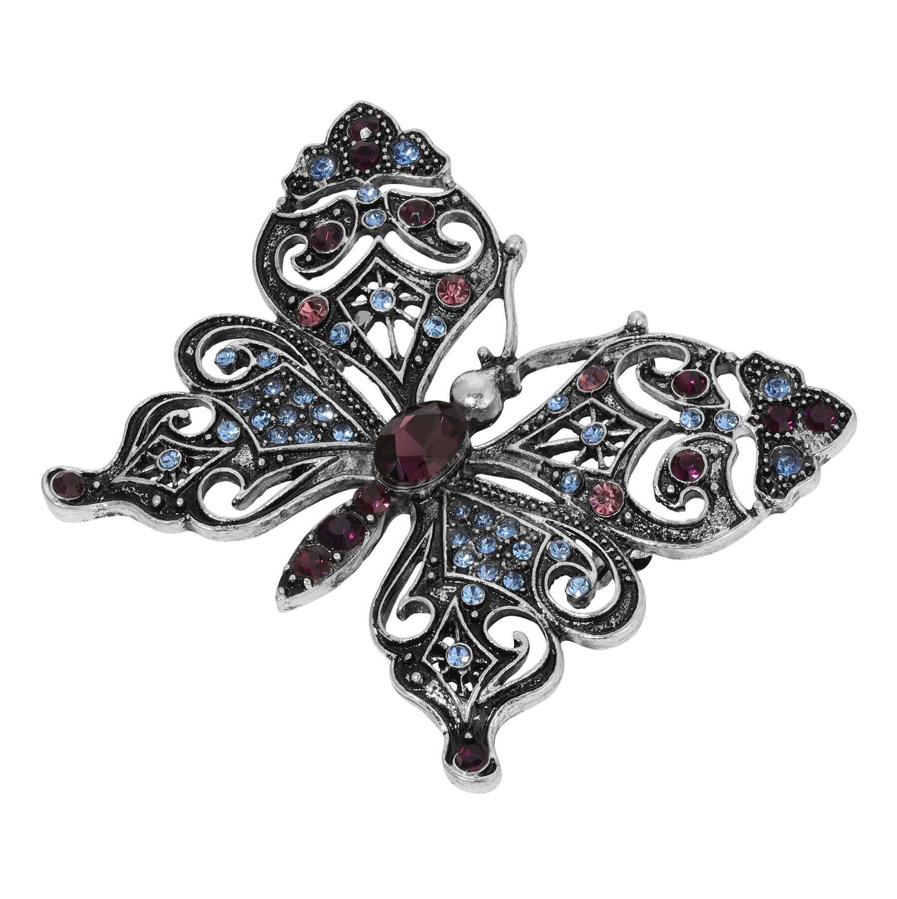 Regency Antiqued Butterfly Multi Color Crystals Brooch