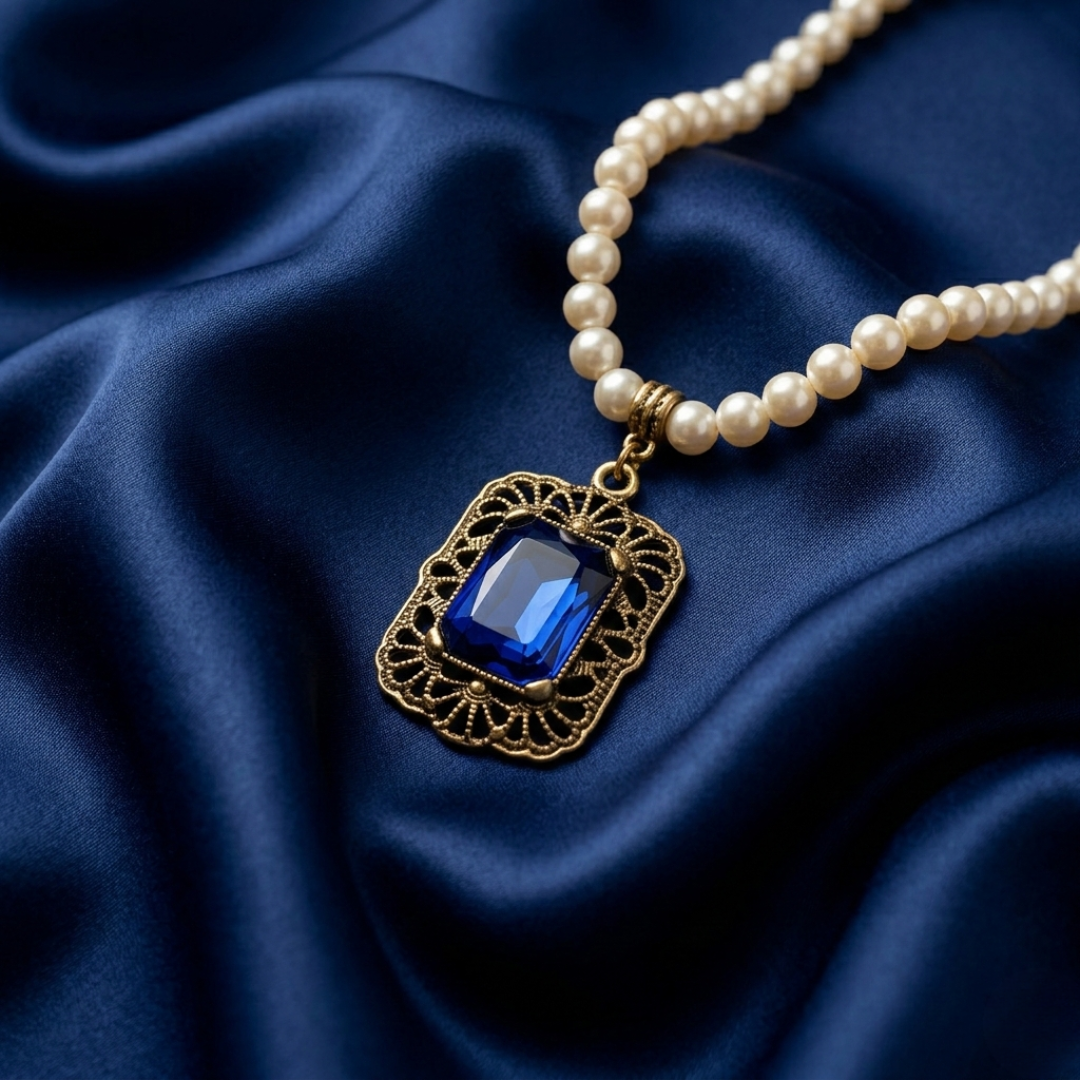 Faux pearl necklace with a blue crystal pendant on a blue satin background