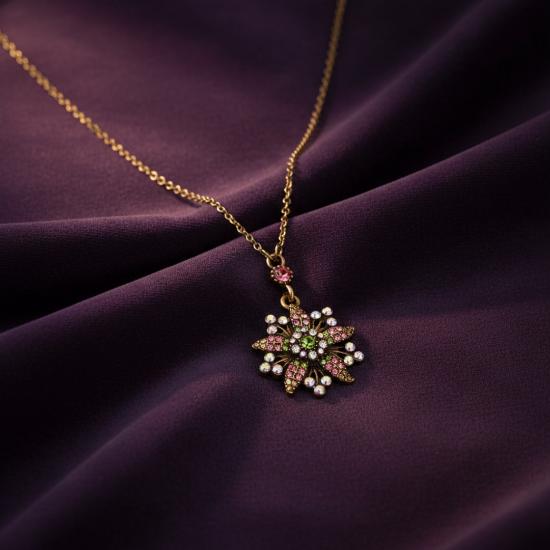Necklace with a decorative floral pendant on a purple fabric background