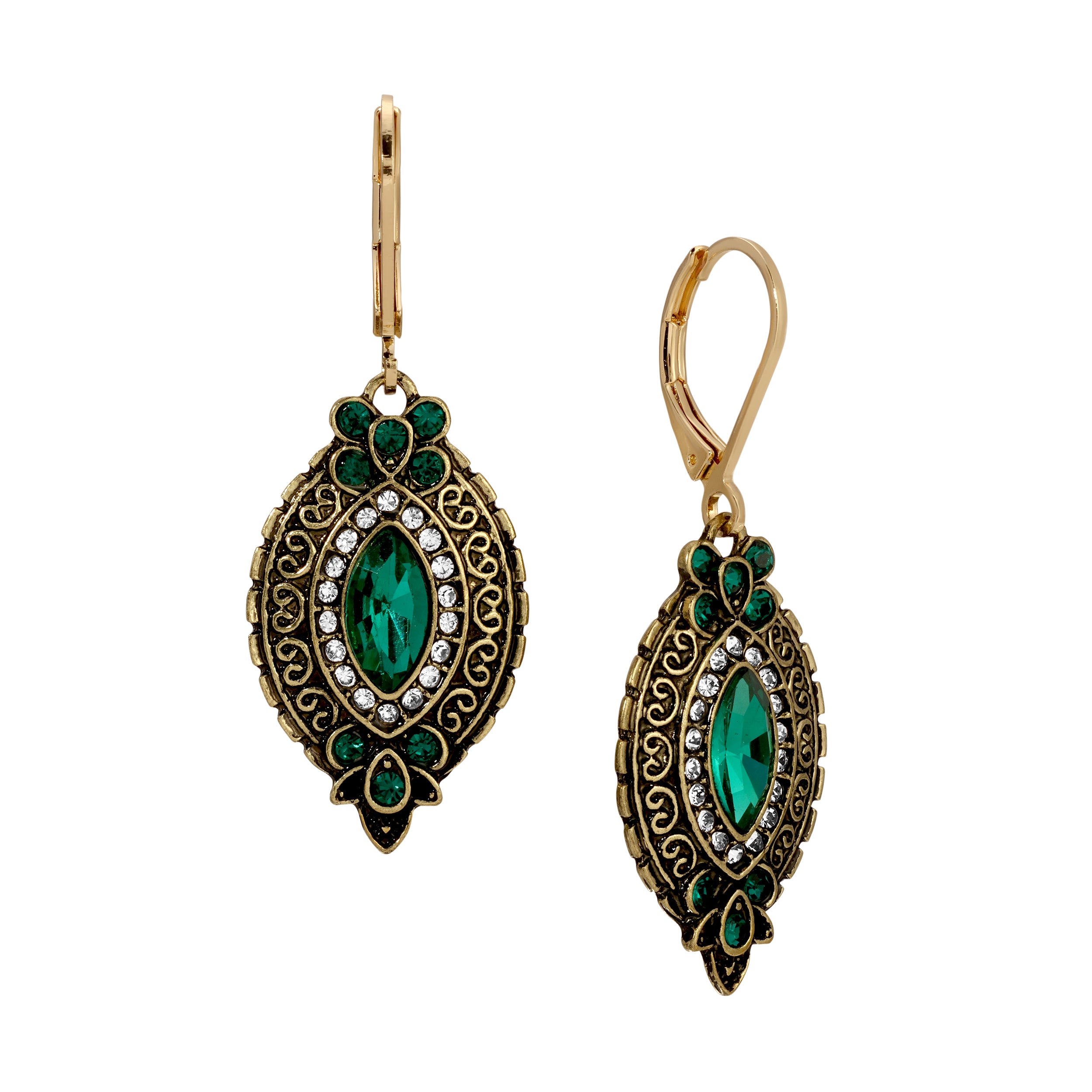 Emerald Green Navette & Clustered Crystal Drop Earrings