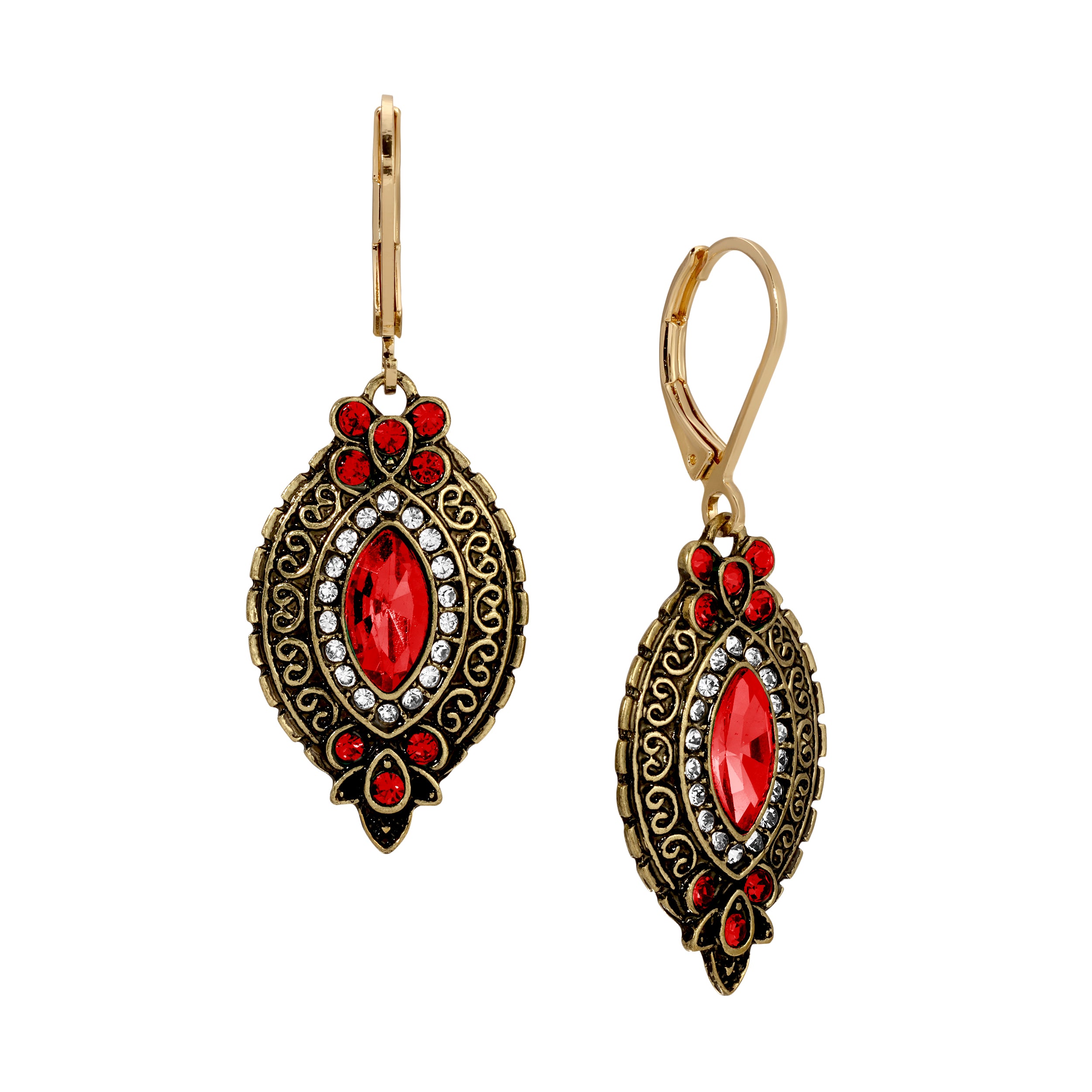 Siam Red Navette & Clustered Crystal Drop Earrings