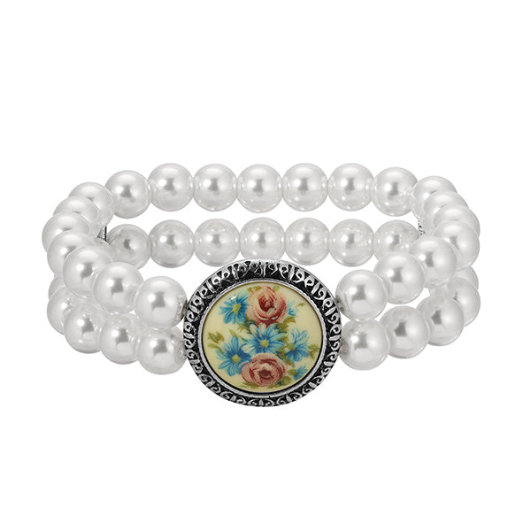 Blue & Pink Flower Decal Double Strand Glass Faux Pearl Bead Stretch Bracelet