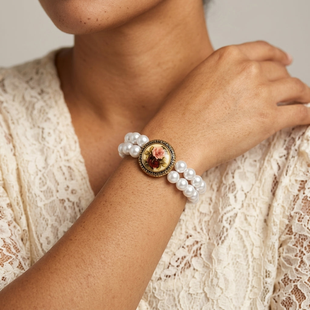 Gold Tone Red & Pink Flower Decal Double Strand Pearl Bead Stretch Bracelet worn by a person in a lace garment.