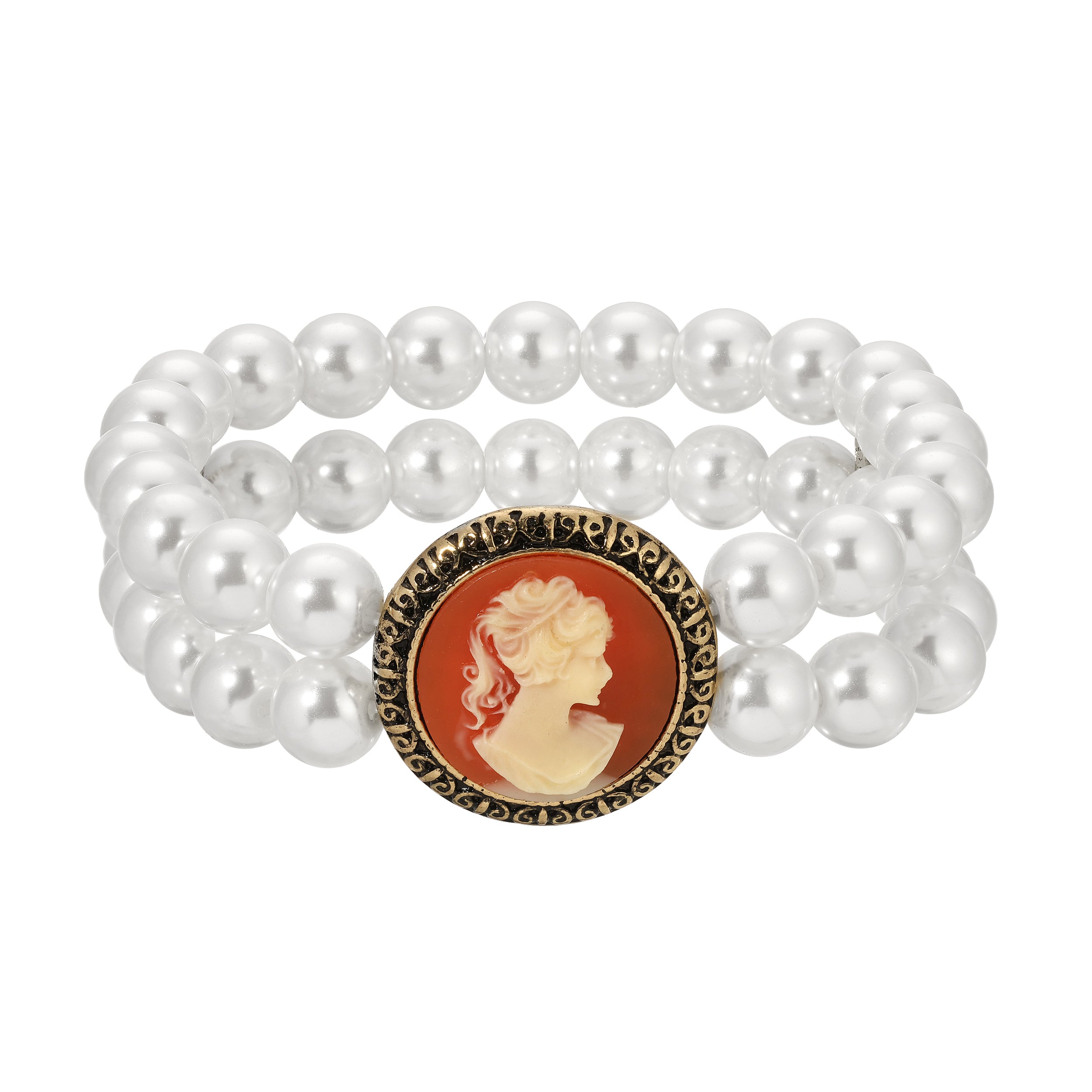 Carnelian Red & Ivory Cameo Double Strand Glass Pearl Beaded Stretch Bracelet