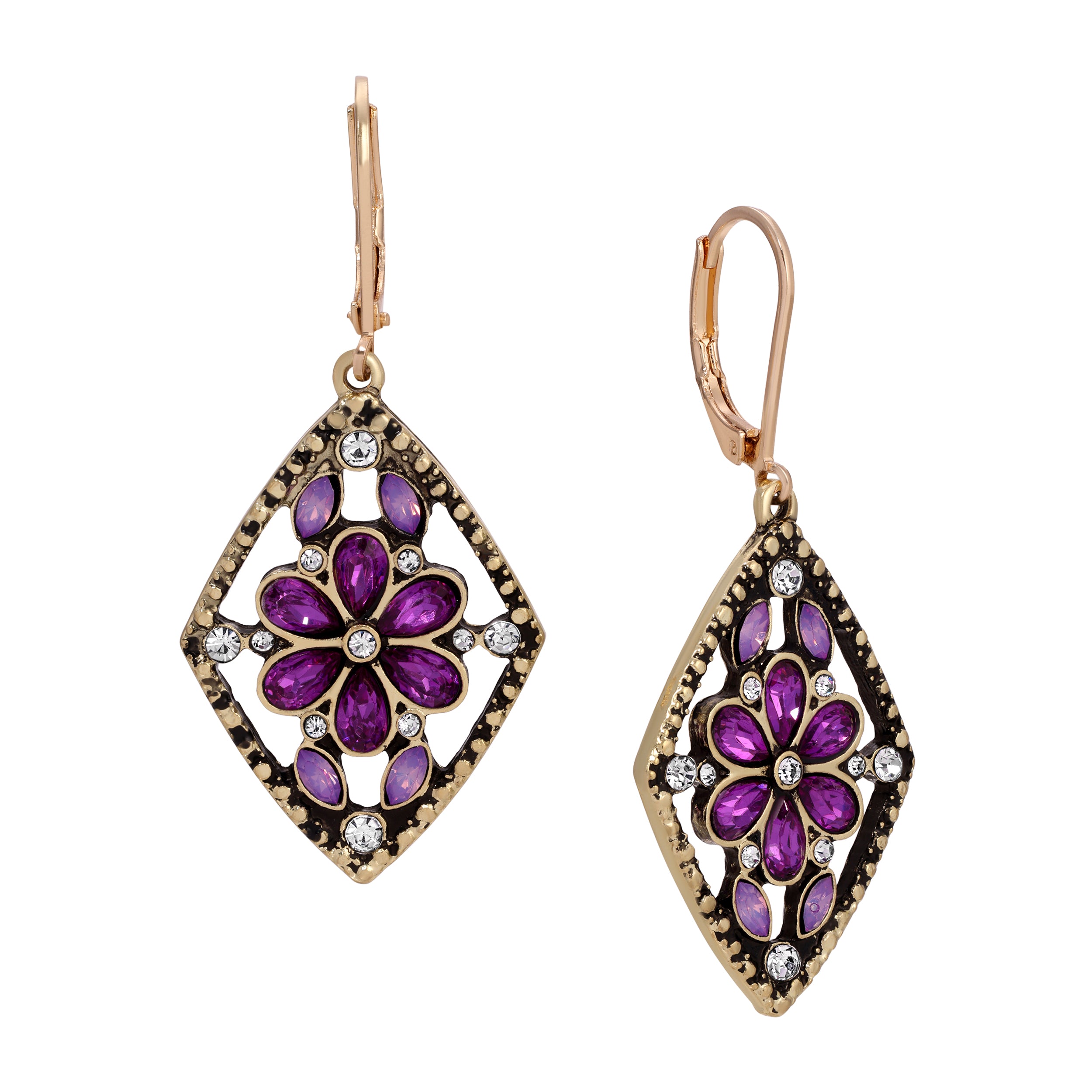 Diamond Shaped Flower Purple Crystal Drop Earrings