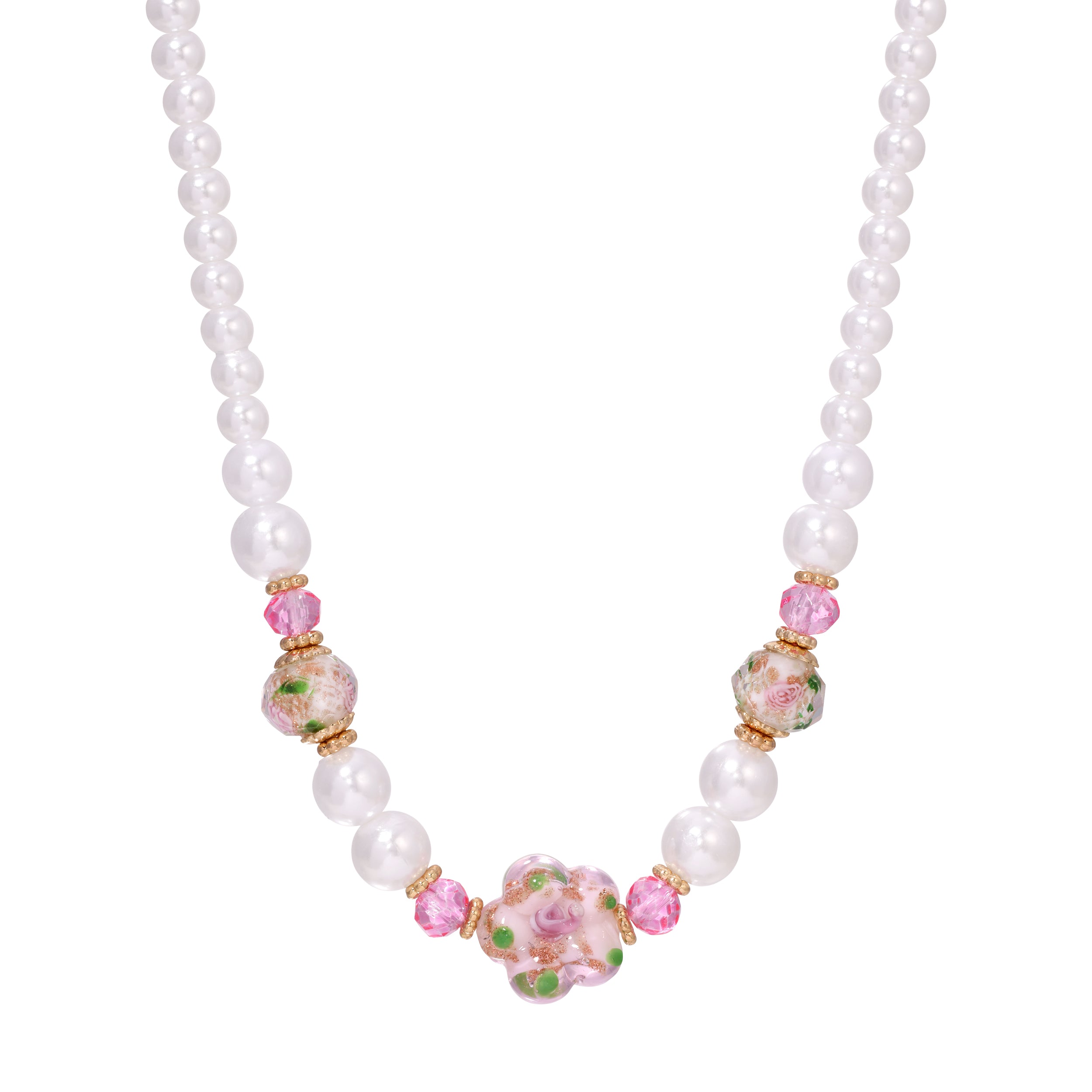 Blooming Pink Flower & Mixed Faux Pearl Beaded Necklace 16" + 3" Extension