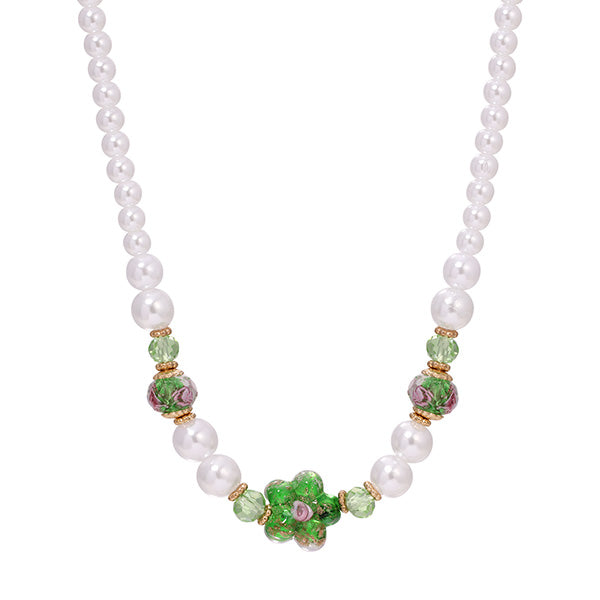 Blooming Green Flower & Mixed Faux Pearl Beaded Necklace 16" + 3" Extension
