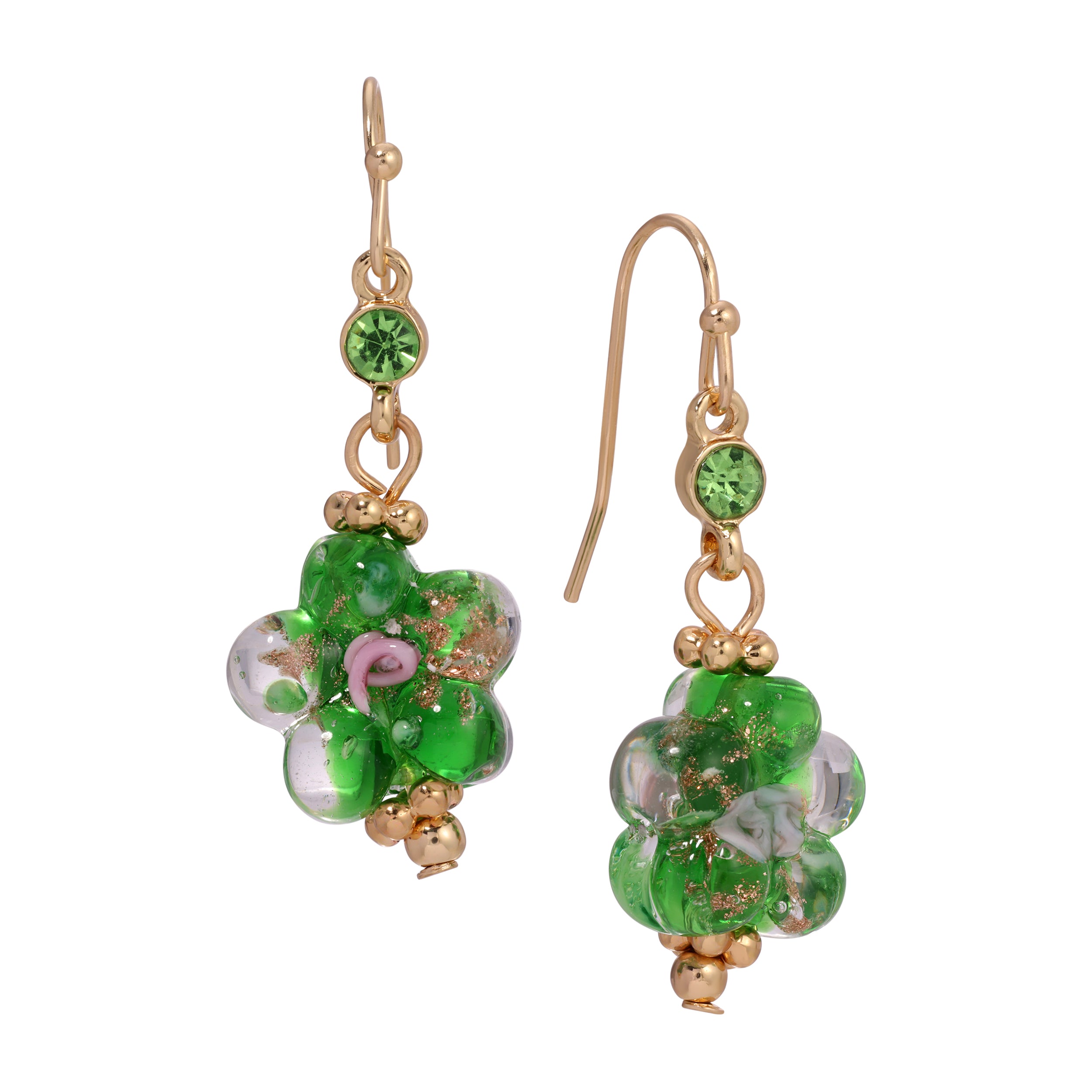 Green Blooming Flower Bead & Crystal Drop Earrings