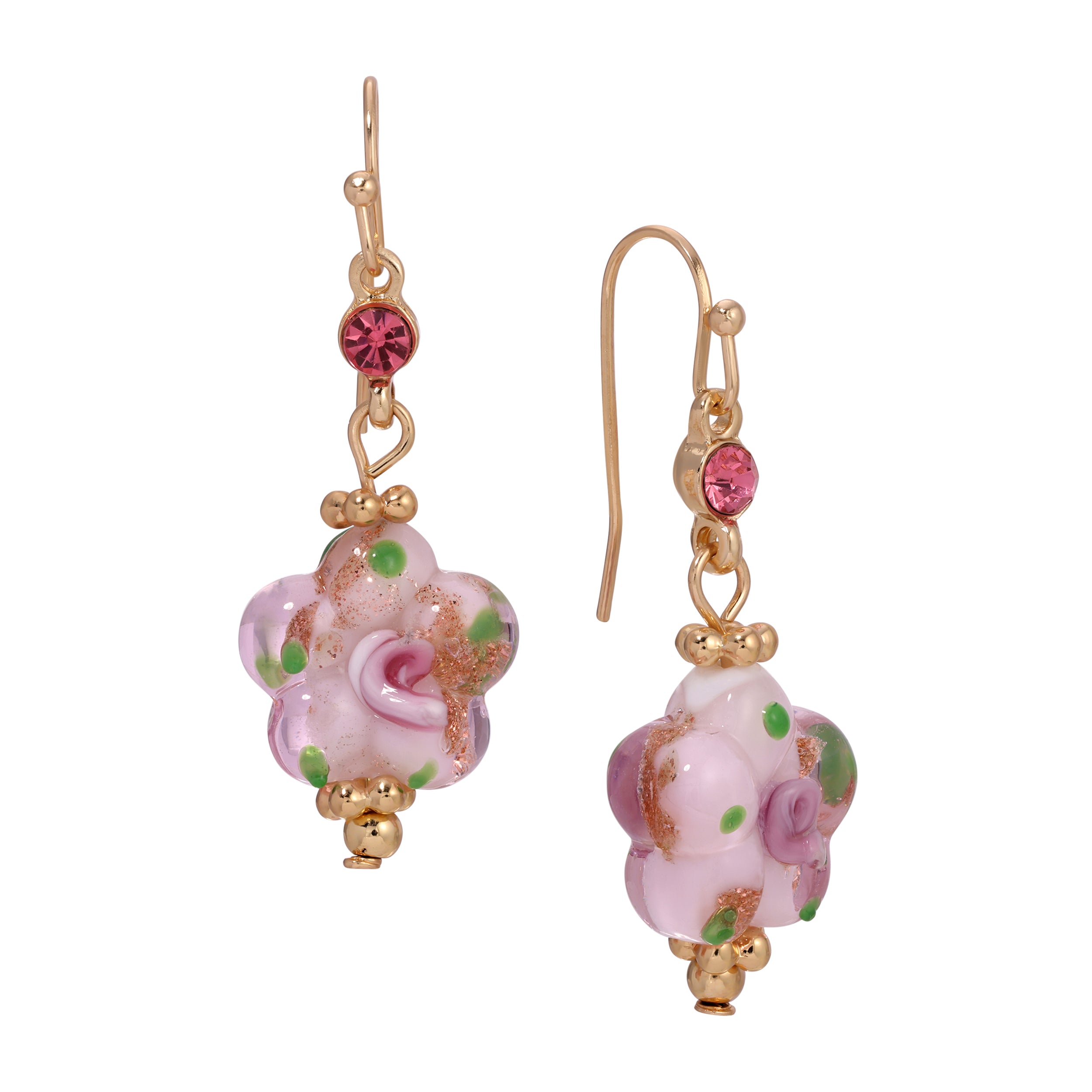 Pink Blooming Flower Bead & Crystal Drop Earrings