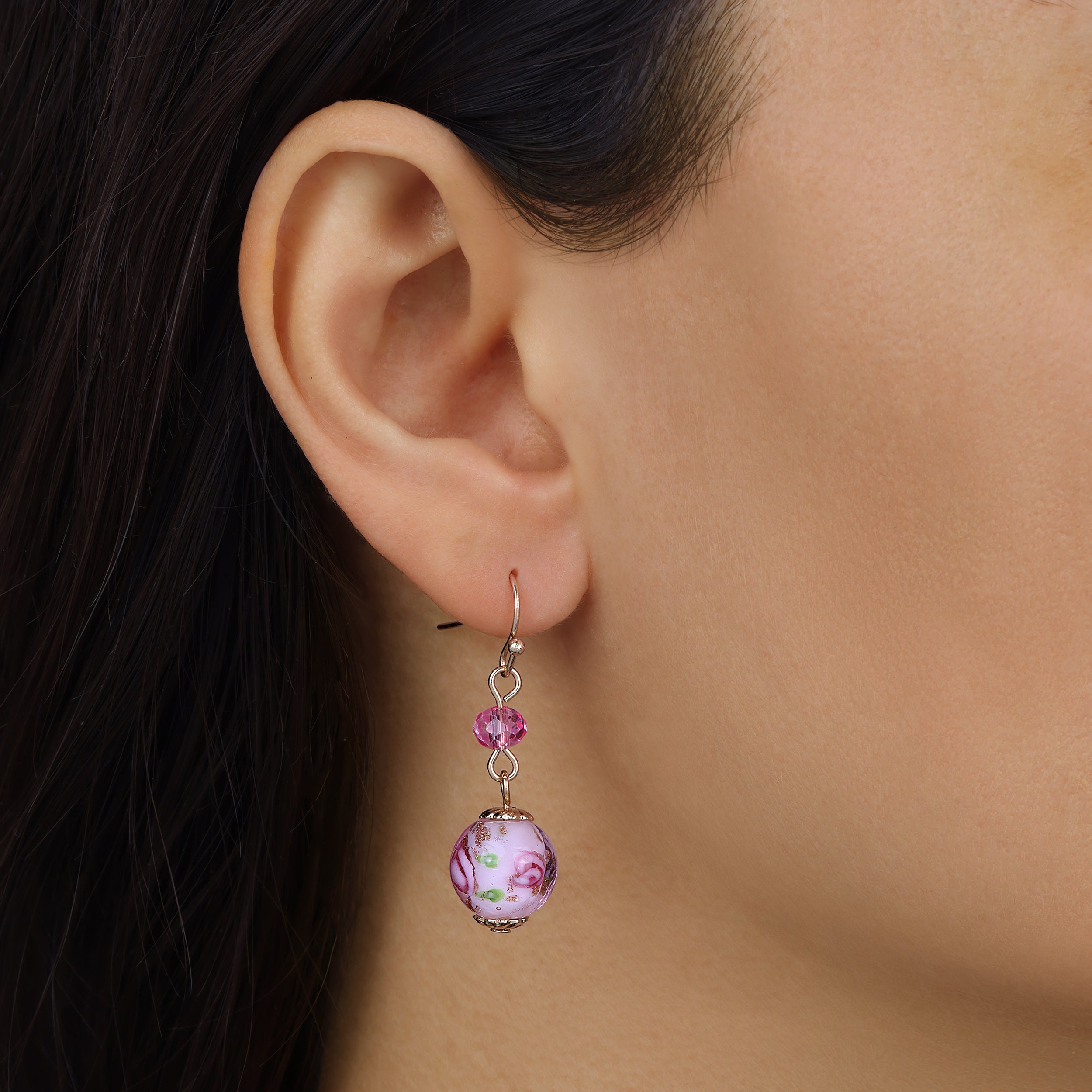 Close up of a woman wearing Golden Rose Blossom Pink Bead Drop & Dangle Earrings