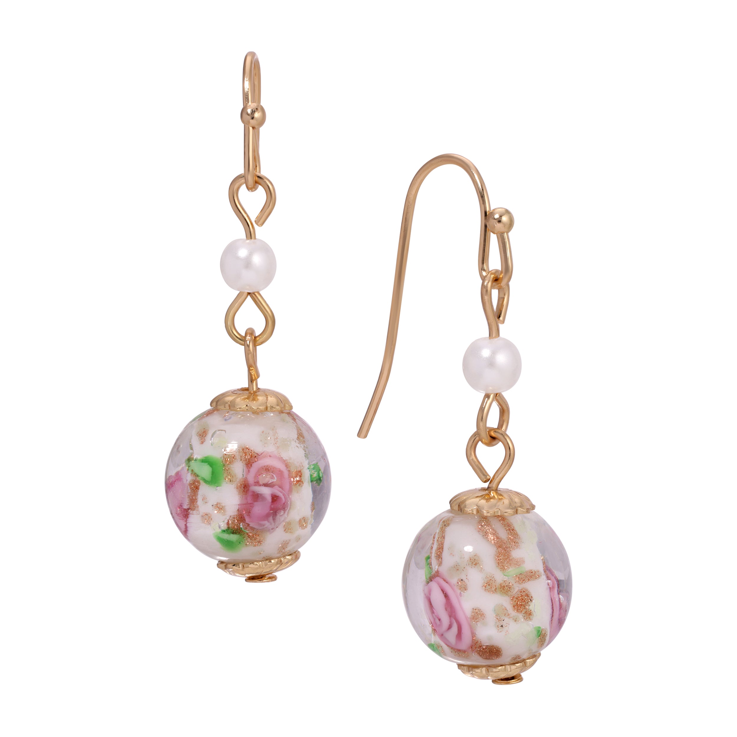 Golden Rose Blossom Round Bead Faux Pearl Drop & Dangle Earrings