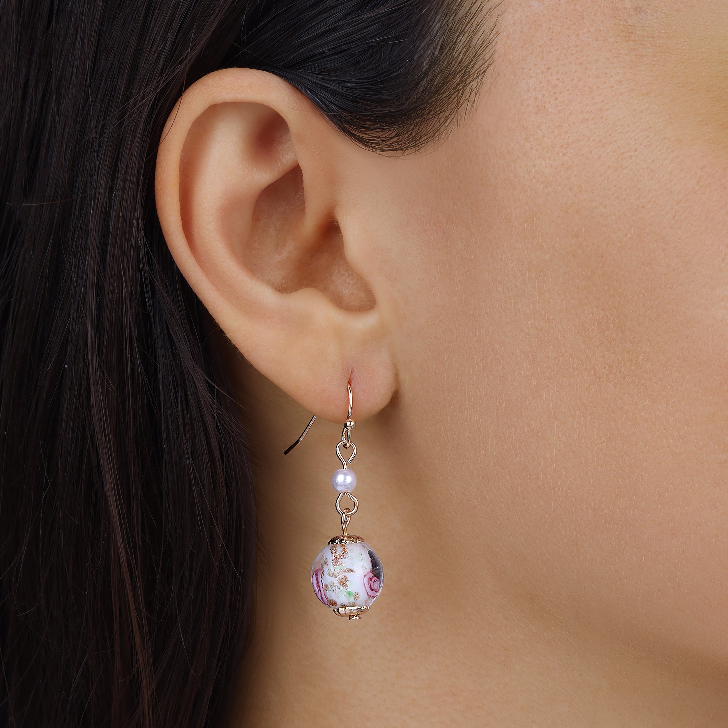 Close up of a woman Golden Rose Blossom Round Bead Faux Pearl Drop & Dangle Earrings