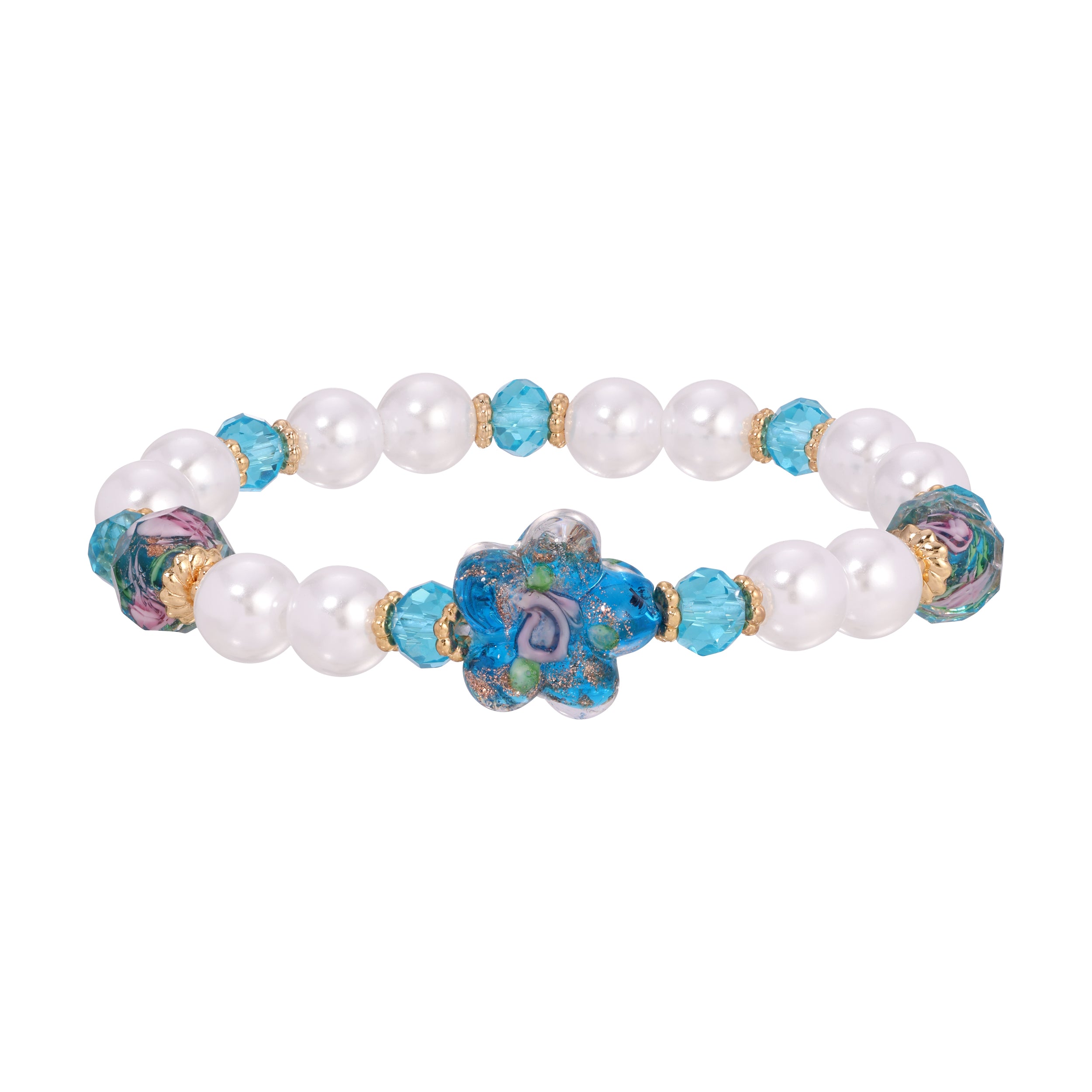 Blooming Blue Flower & Round Faux Pearl Beaded Stretch Bracelet