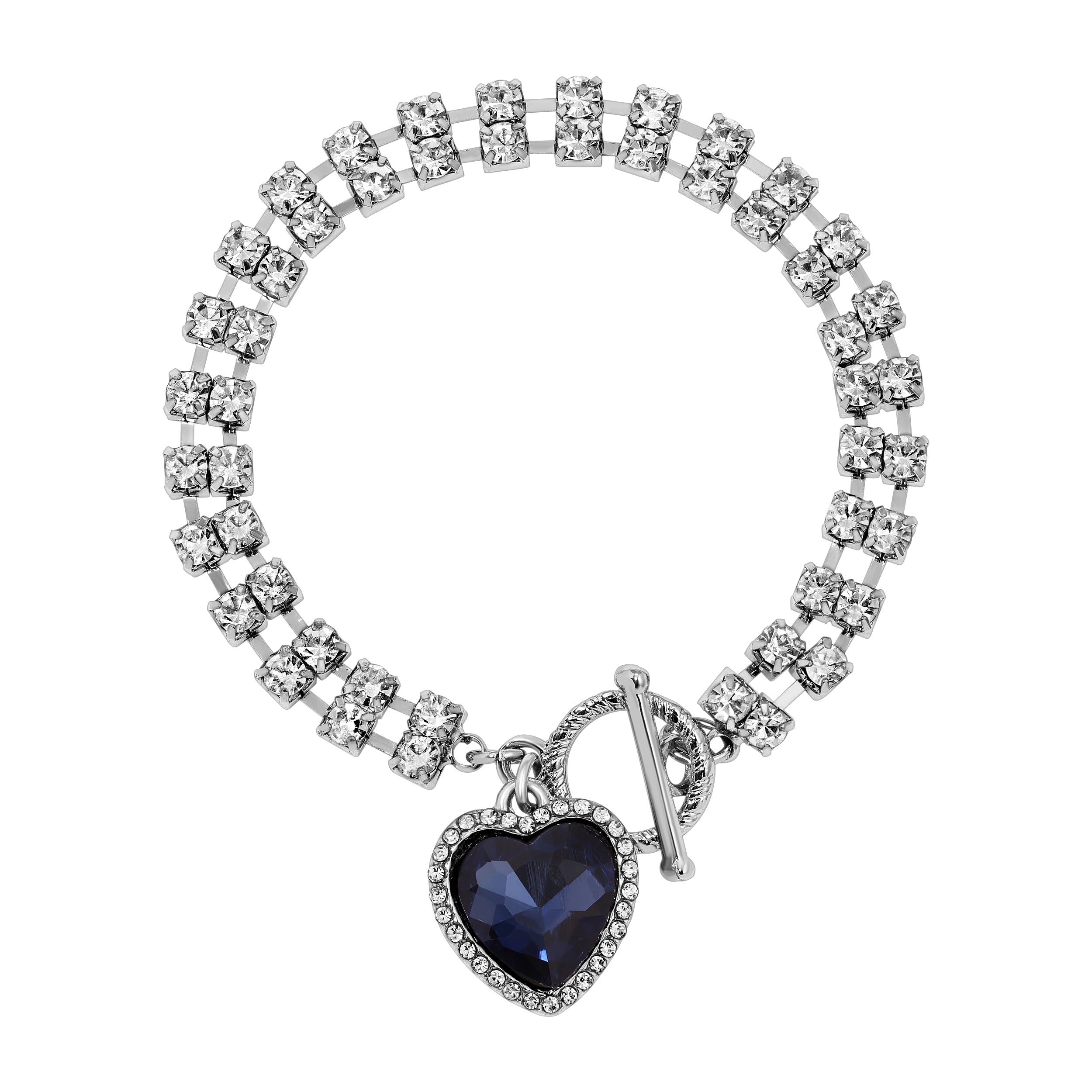 Montana Blue Crystal Heart Charm & Rhinestone Toggle Bracelet