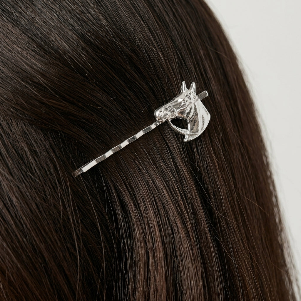 Close up of a woman's dark hair wearing a silver tone Horse Hair Jewelry Bobby Pin