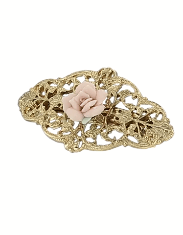 1928 Jewelry Porcelain Rose Filigree Hair Barrette