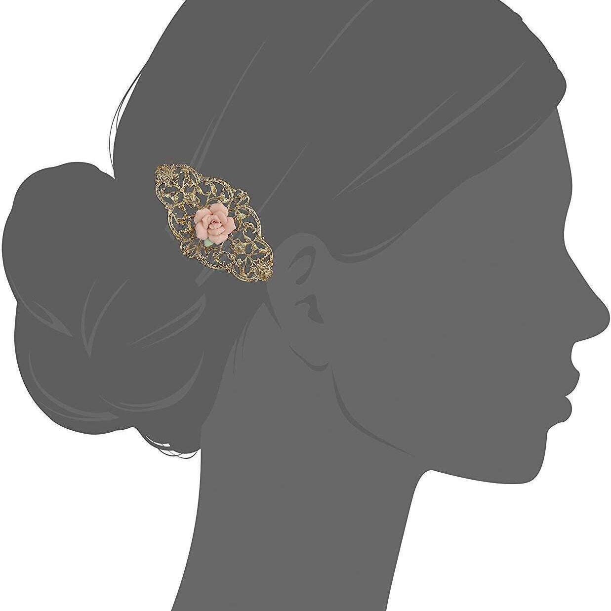 1928 Jewelry Porcelain Rose Filigree Hair Barrette