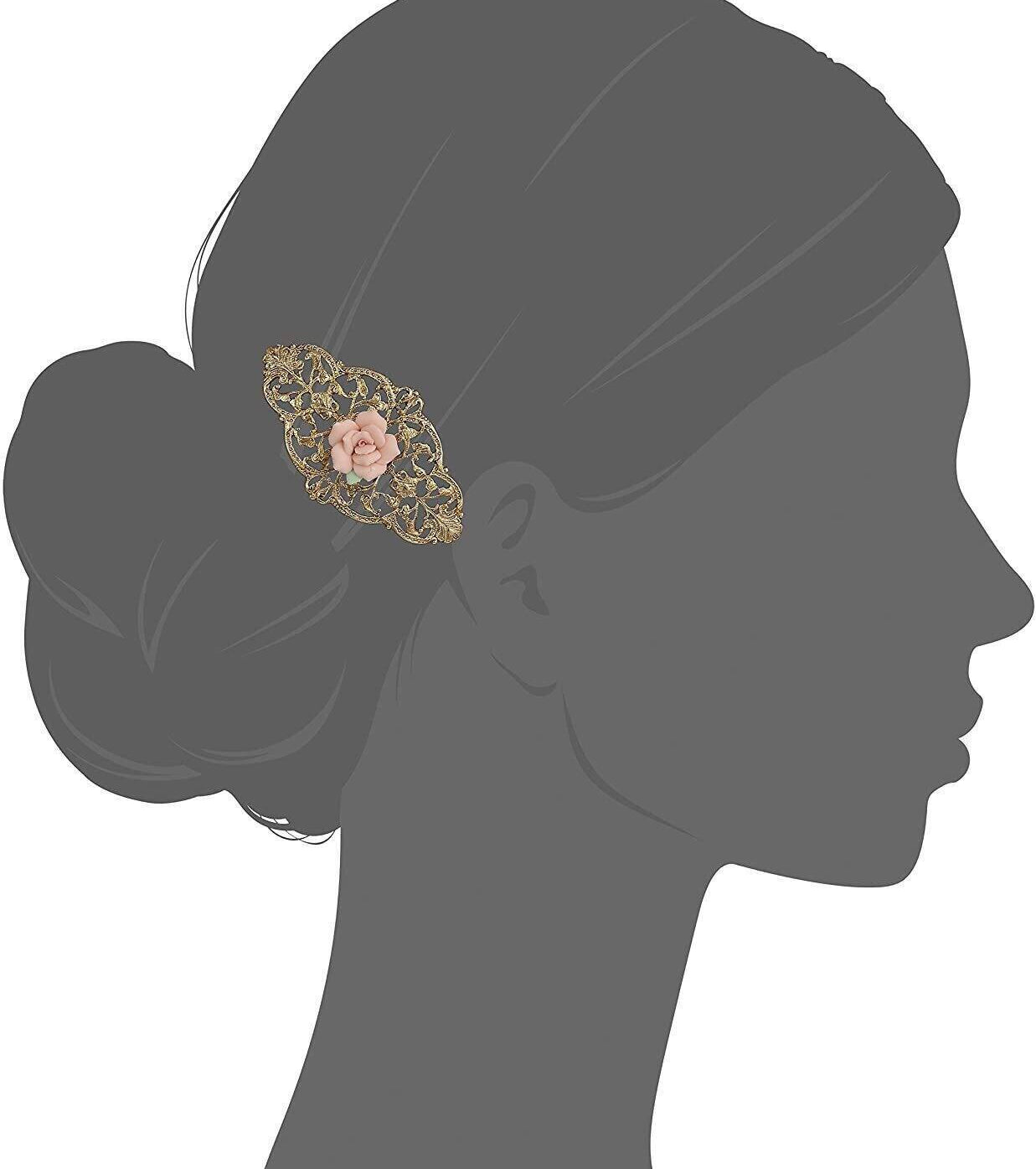 1928 Jewelry Porcelain Rose Filigree Hair Barrette