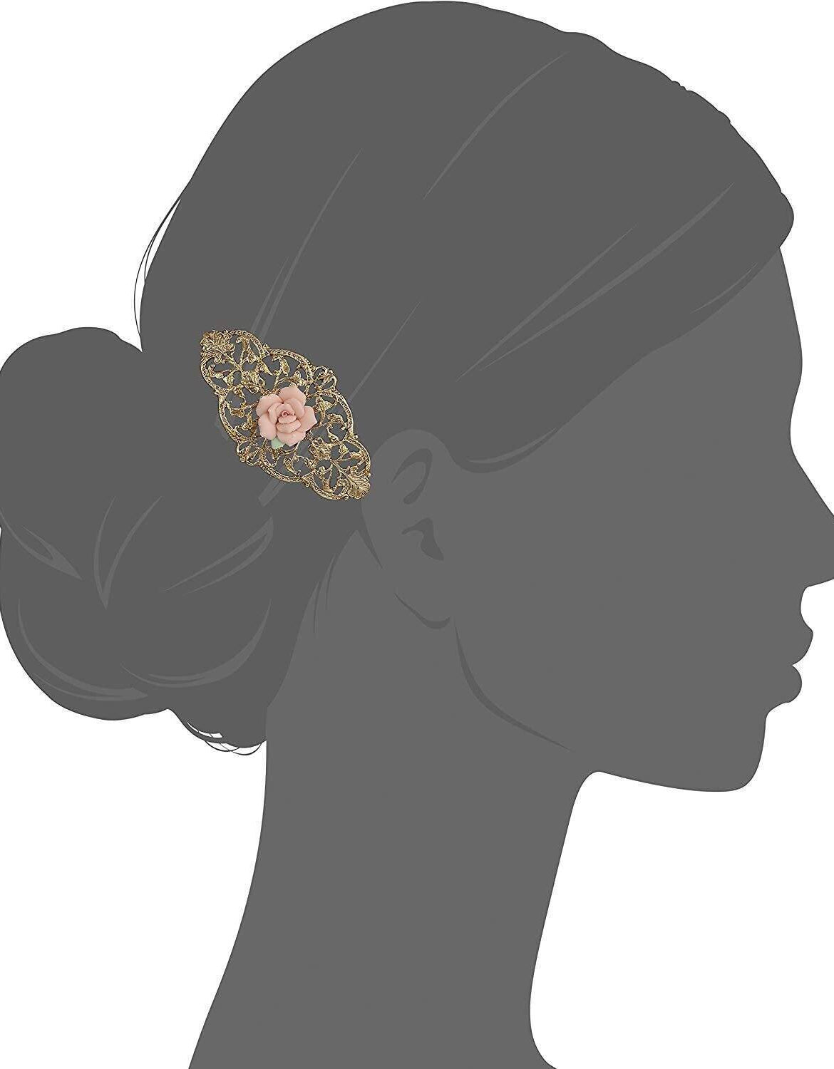 1928 Jewelry Porcelain Rose Filigree Hair Barrette