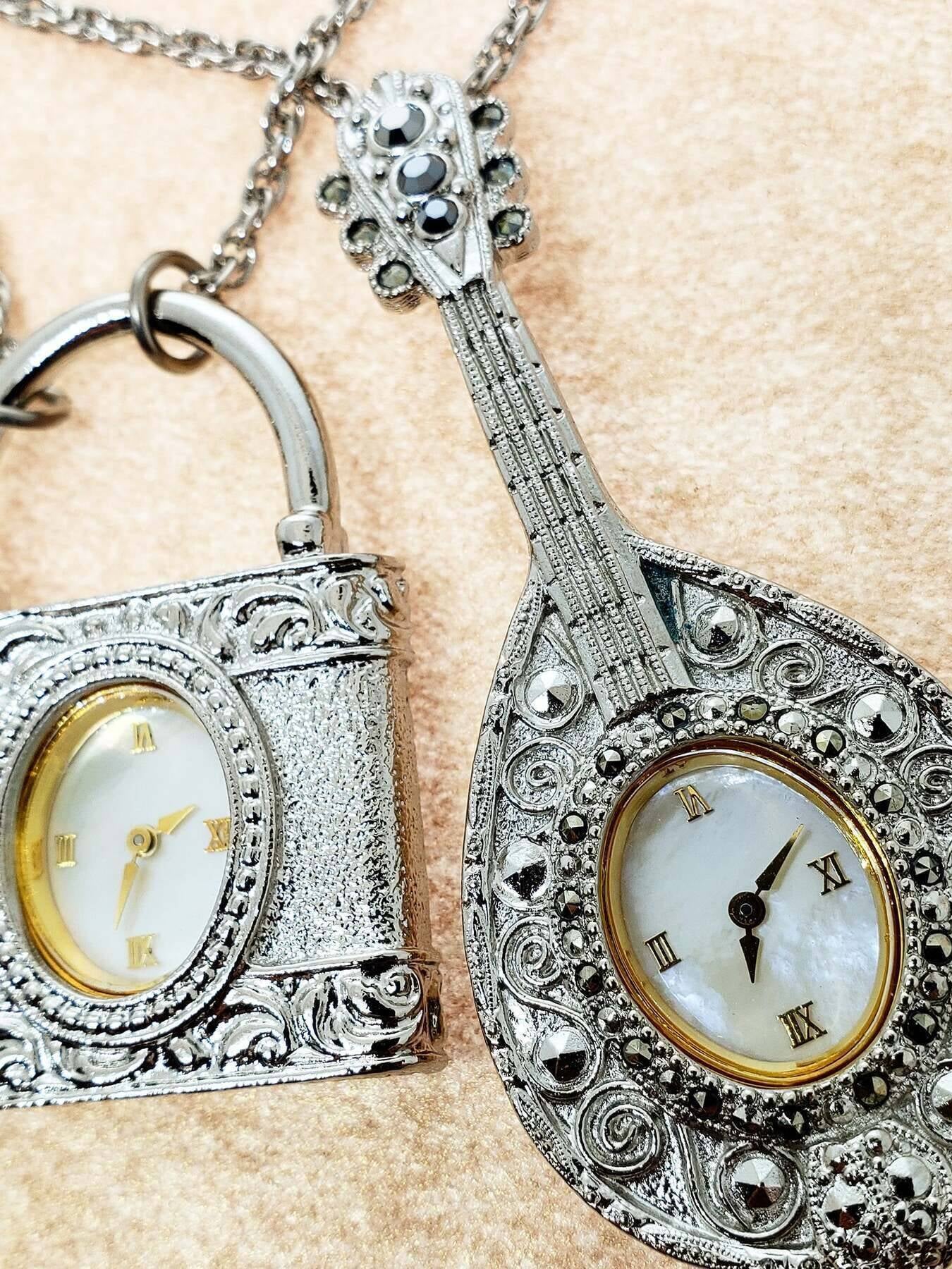 1928 Jewelry Mother Of Pearl Lock Watch Pendant Necklace 28"