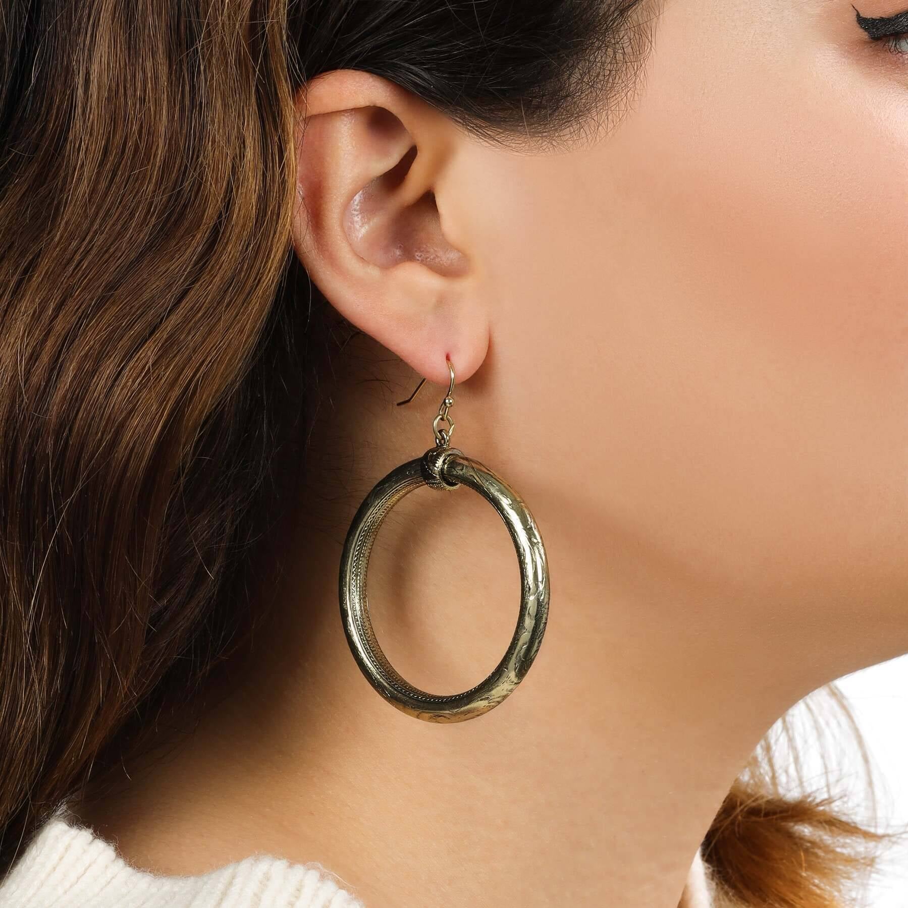 1928 Jewelry Etched Vine Motifs Large Gold Hoop Earrings