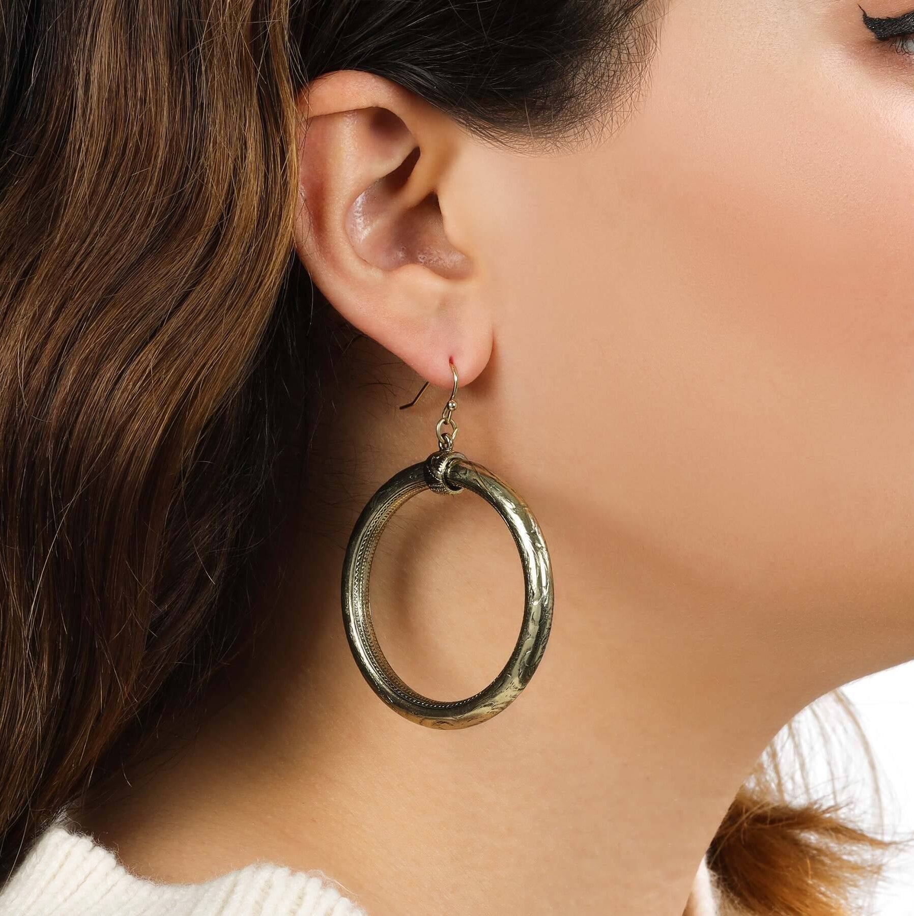 1928 Jewelry Etched Vine Motifs Large Gold Hoop Earrings