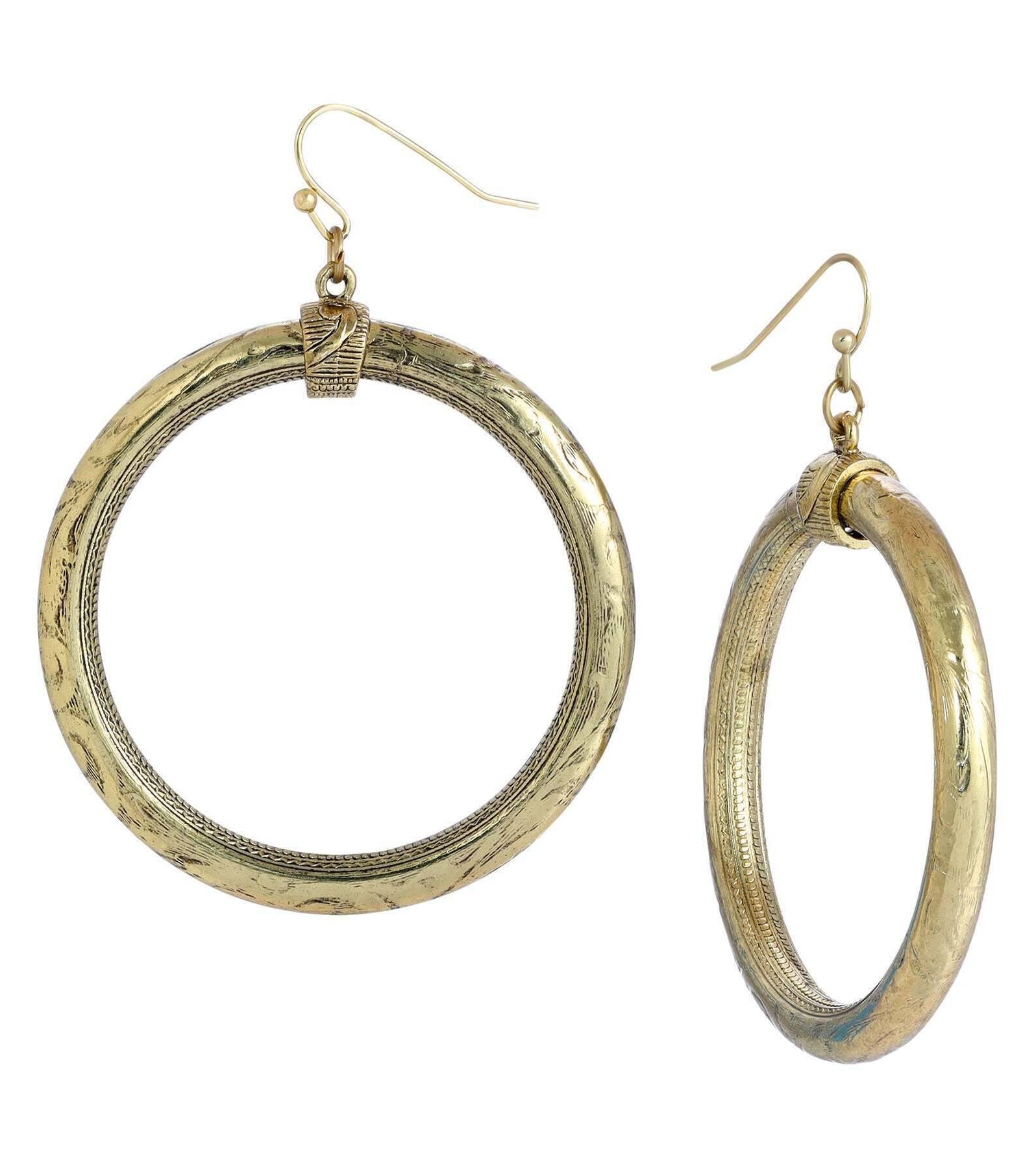 1928 Jewelry Etched Vine Motifs Large Gold Hoop Earrings