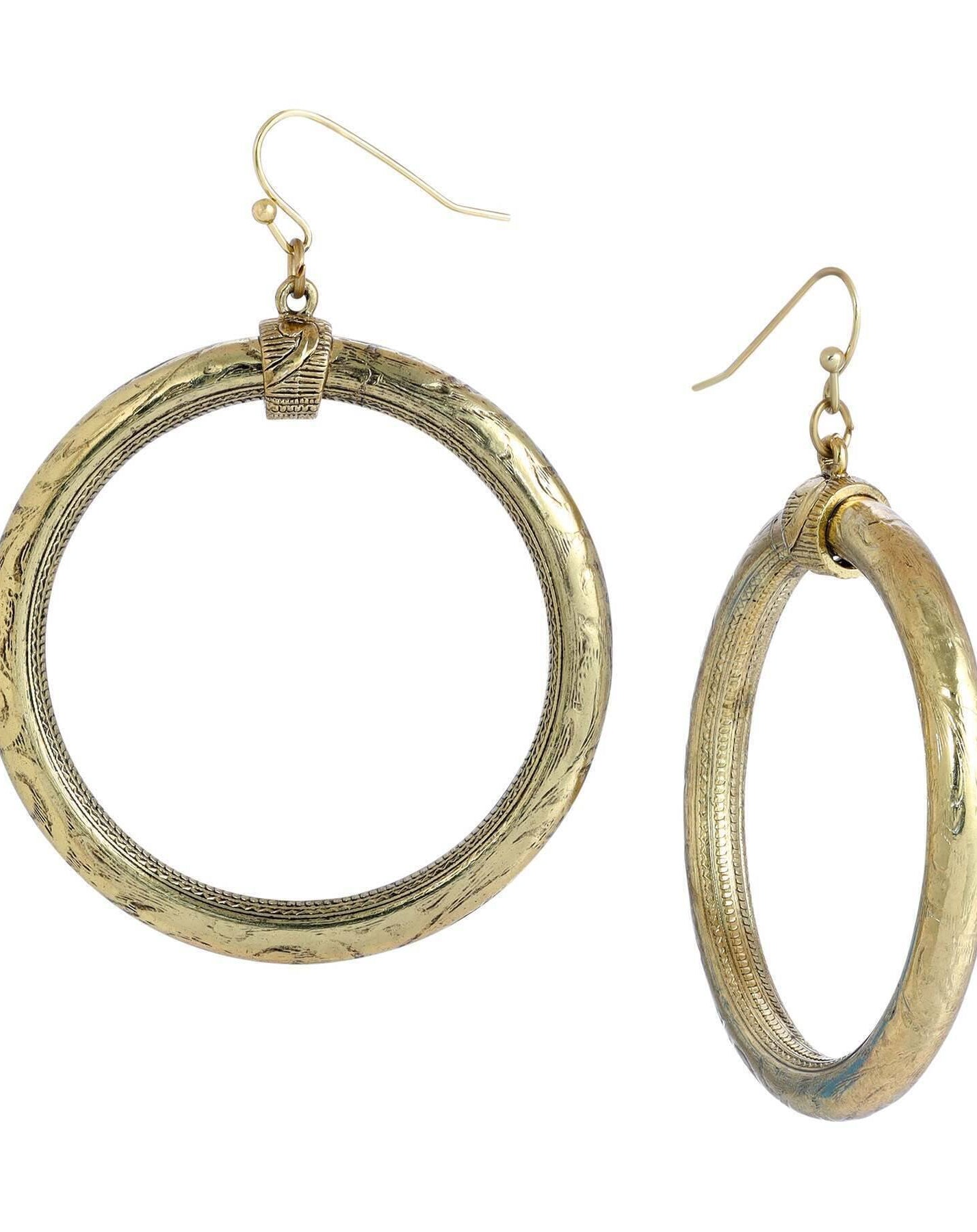 1928 Jewelry Etched Vine Motifs Large Gold Hoop Earrings