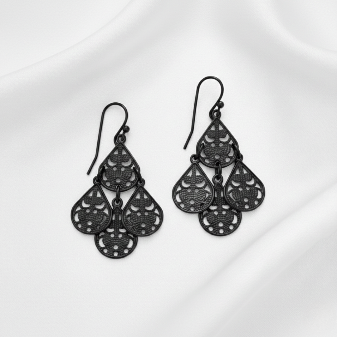 Black filigree earrings on a white background