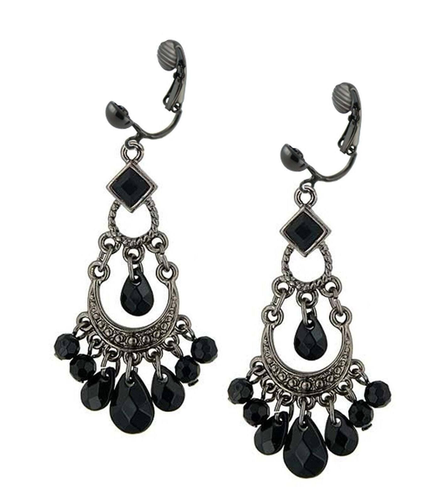 1928 Jewelry Crescent Black Faceted Bead Chandelier Clip On Earrings