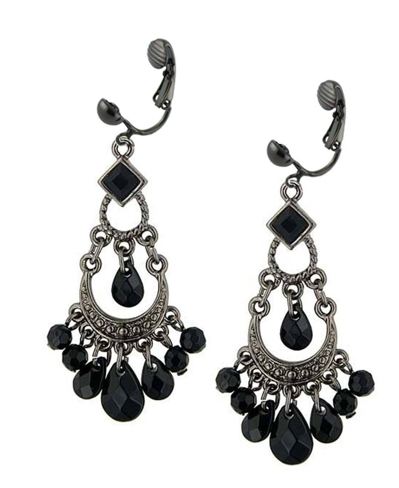 1928 Jewelry Crescent Black Faceted Bead Chandelier Clip On Earrings