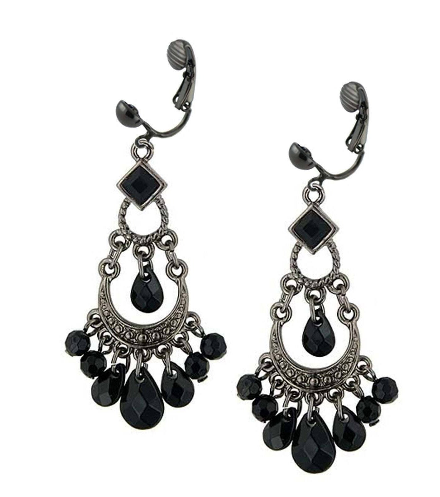 1928 Jewelry Crescent Black Faceted Bead Chandelier Clip On Earrings