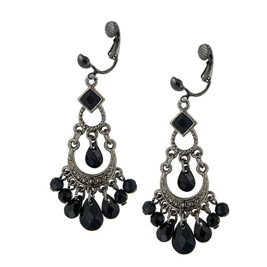 1928 Jewelry Crescent Black Faceted Bead Chandelier Clip On Earrings