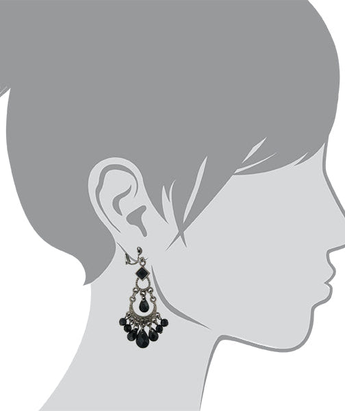 1928 Jewelry Crescent Black Faceted Bead Chandelier Clip On Earrings