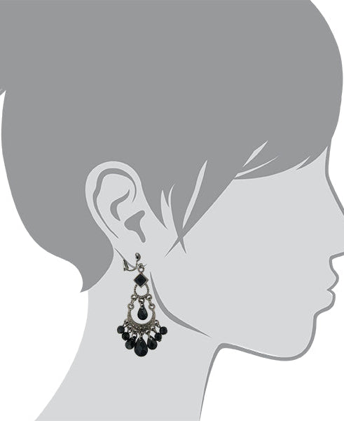 1928 Jewelry Crescent Black Faceted Bead Chandelier Clip On Earrings