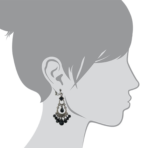 1928 Jewelry Crescent Black Faceted Bead Chandelier Clip On Earrings