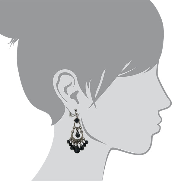 1928 Jewelry Crescent Black Faceted Bead Chandelier Clip On Earrings