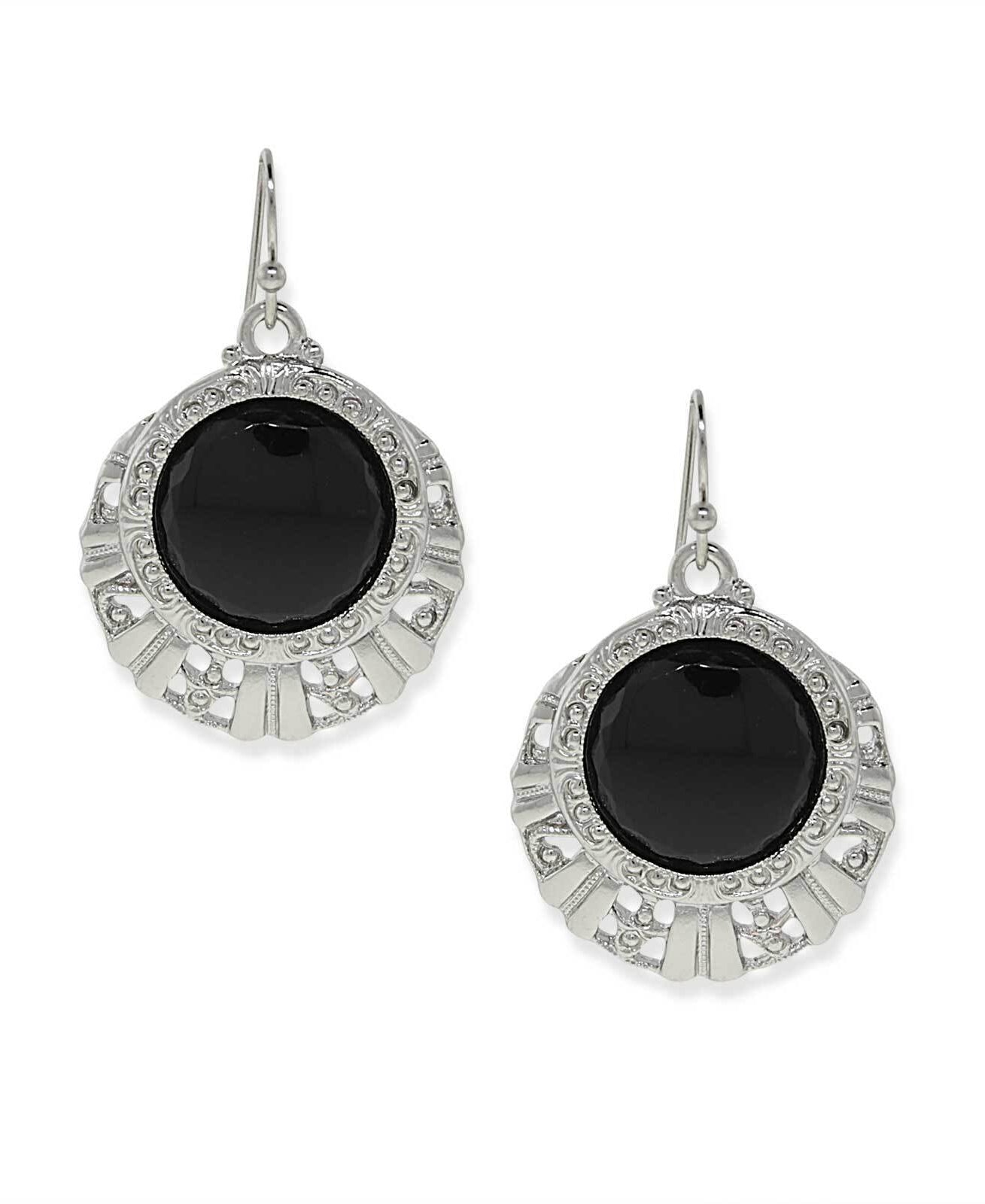 1928 Jewelry Black Round Stone Textured Drop Earrings