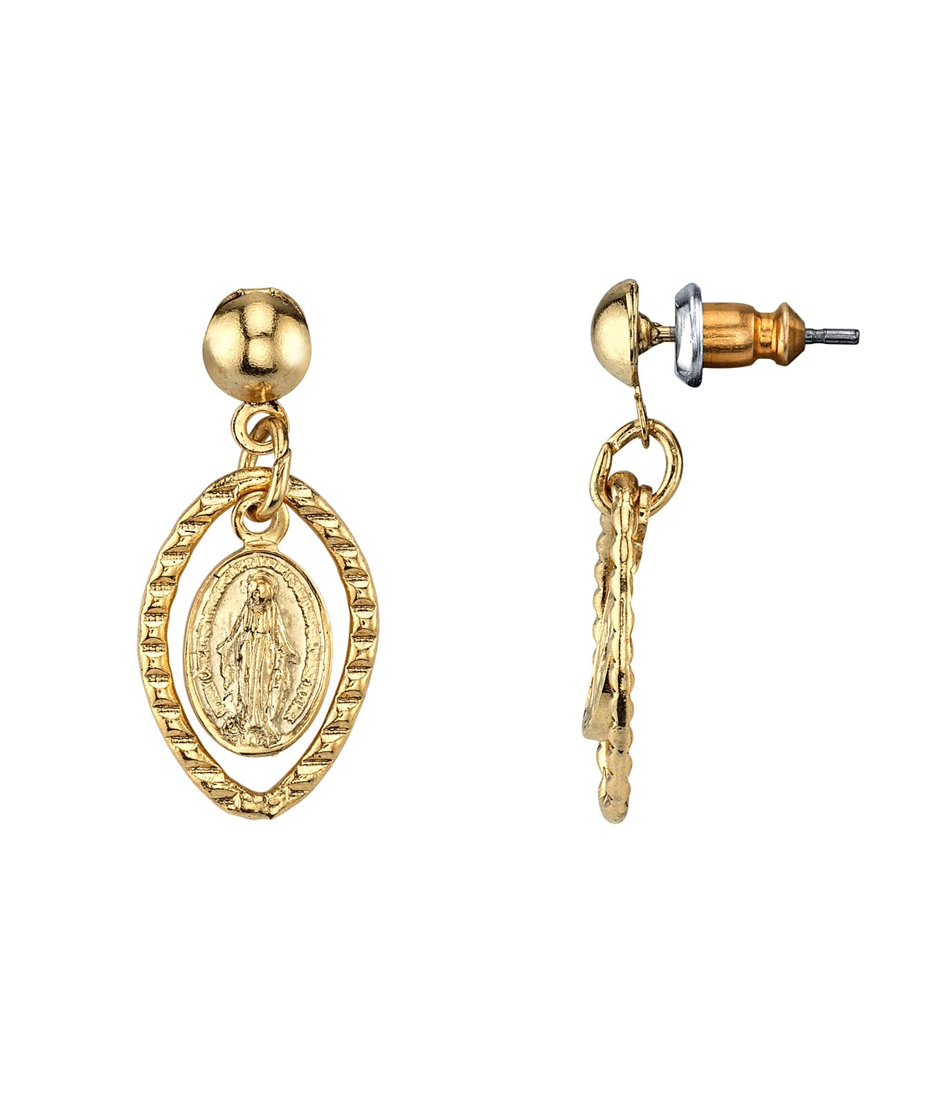 Symbols Of Faith Mother Mary Medallion Post Drop Earrings