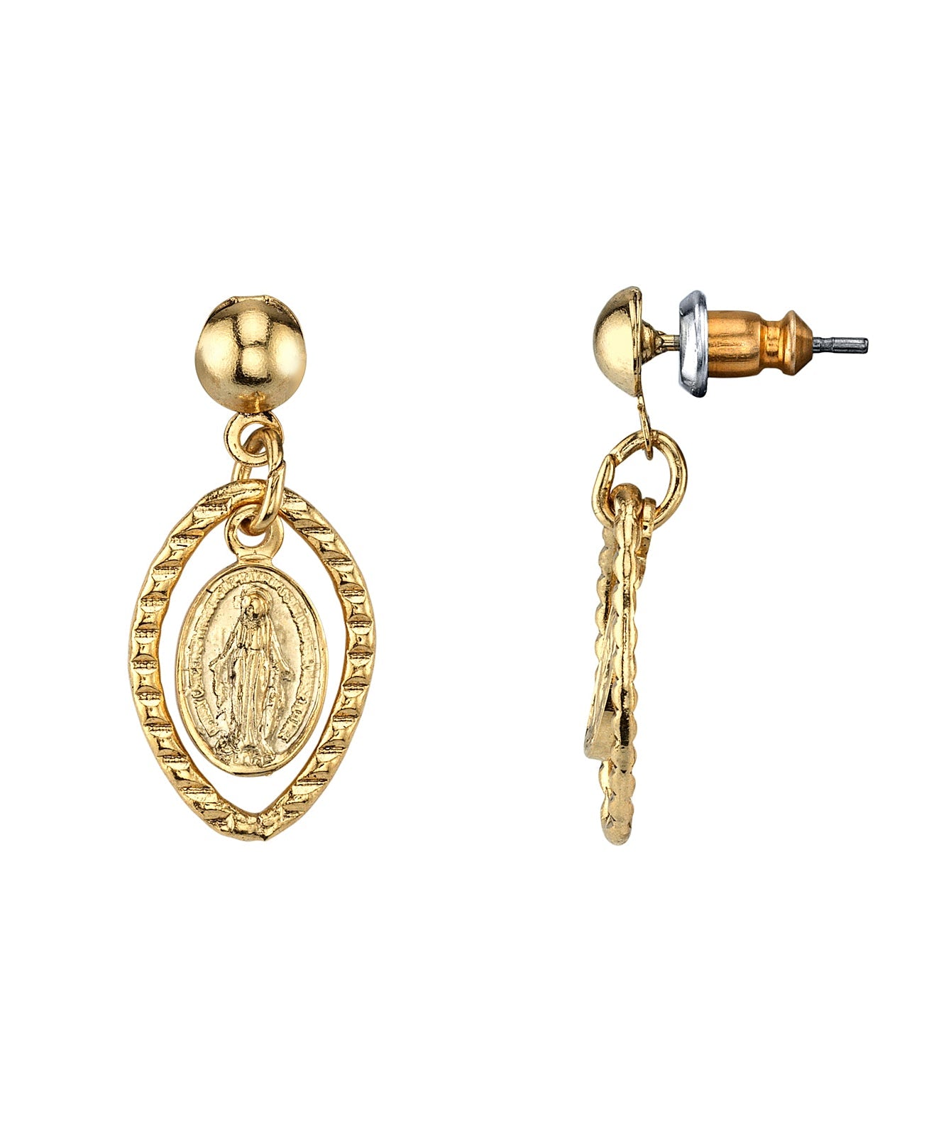Symbols Of Faith Mother Mary Medallion Post Drop Earrings