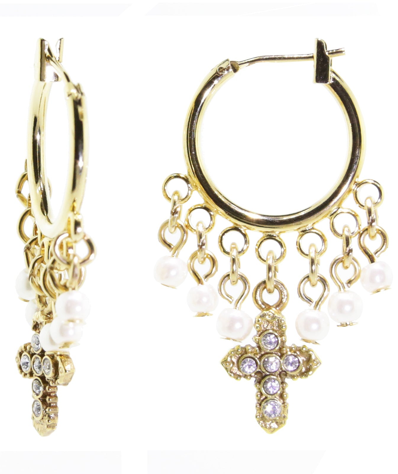 1928 Spiritual White Faux Pearl And Crystal Cross Hoop Drop Earrings