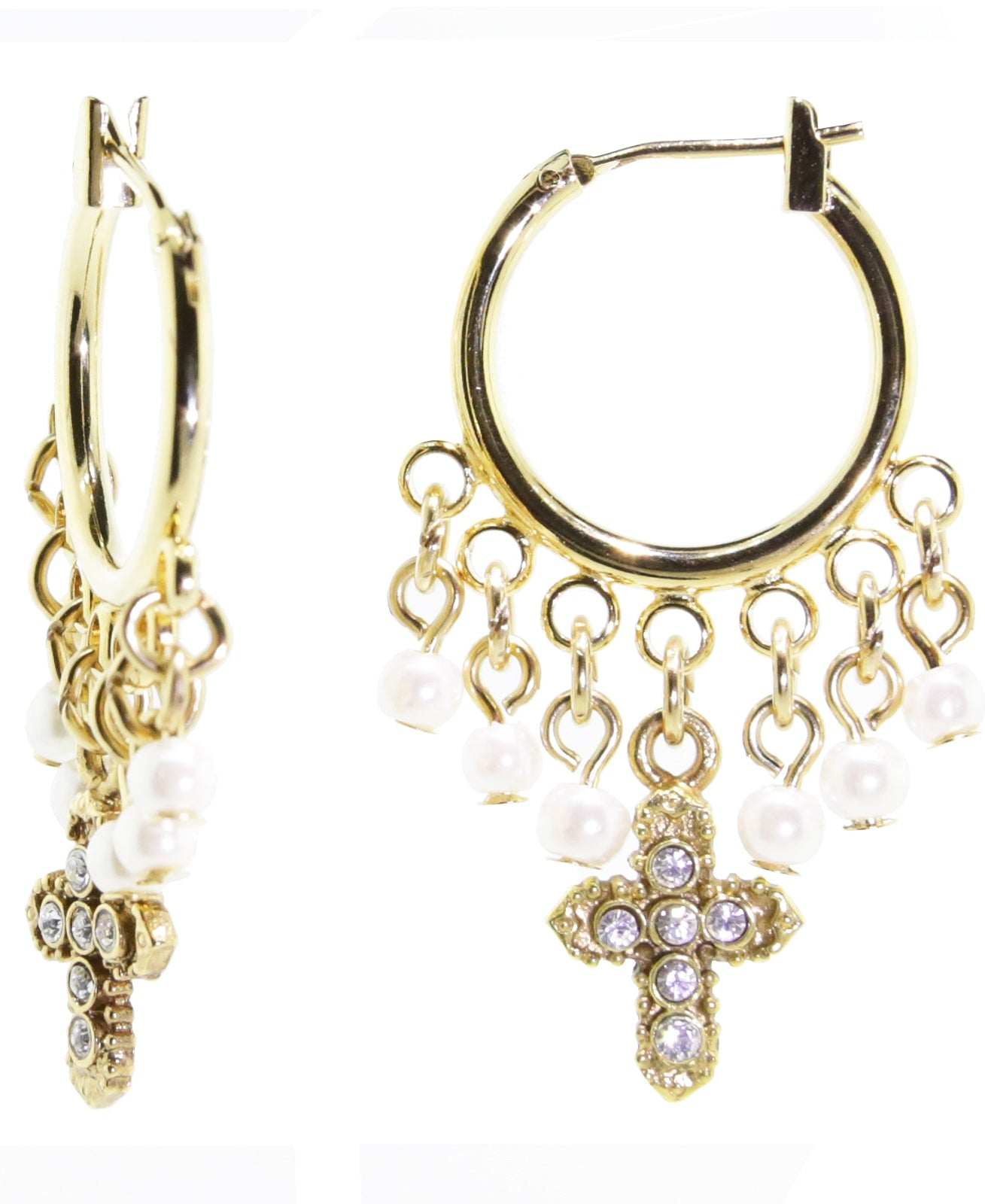 1928 Spiritual White Faux Pearl And Crystal Cross Hoop Drop Earrings