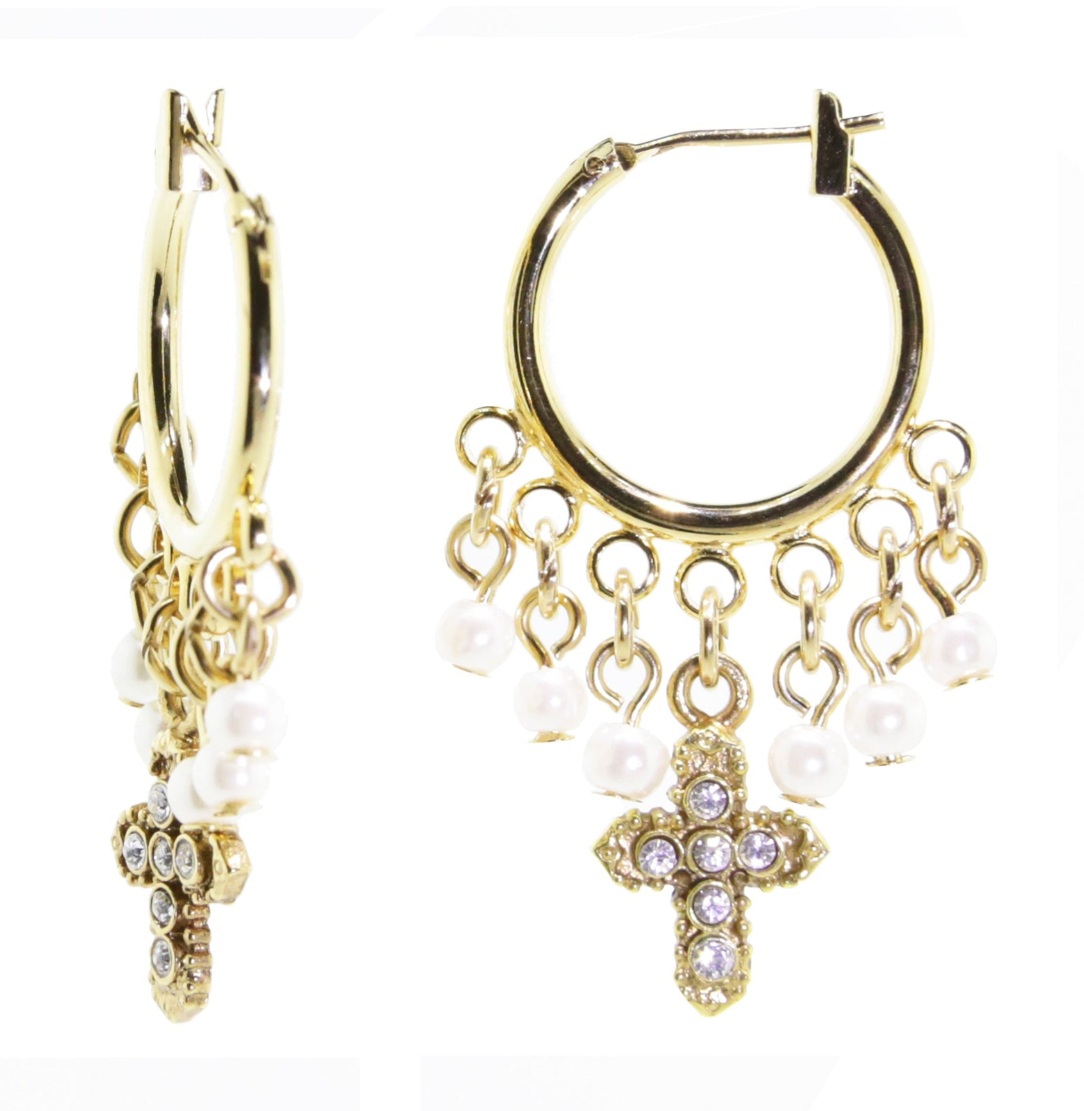 1928 Spiritual White Faux Pearl And Crystal Cross Hoop Drop Earrings