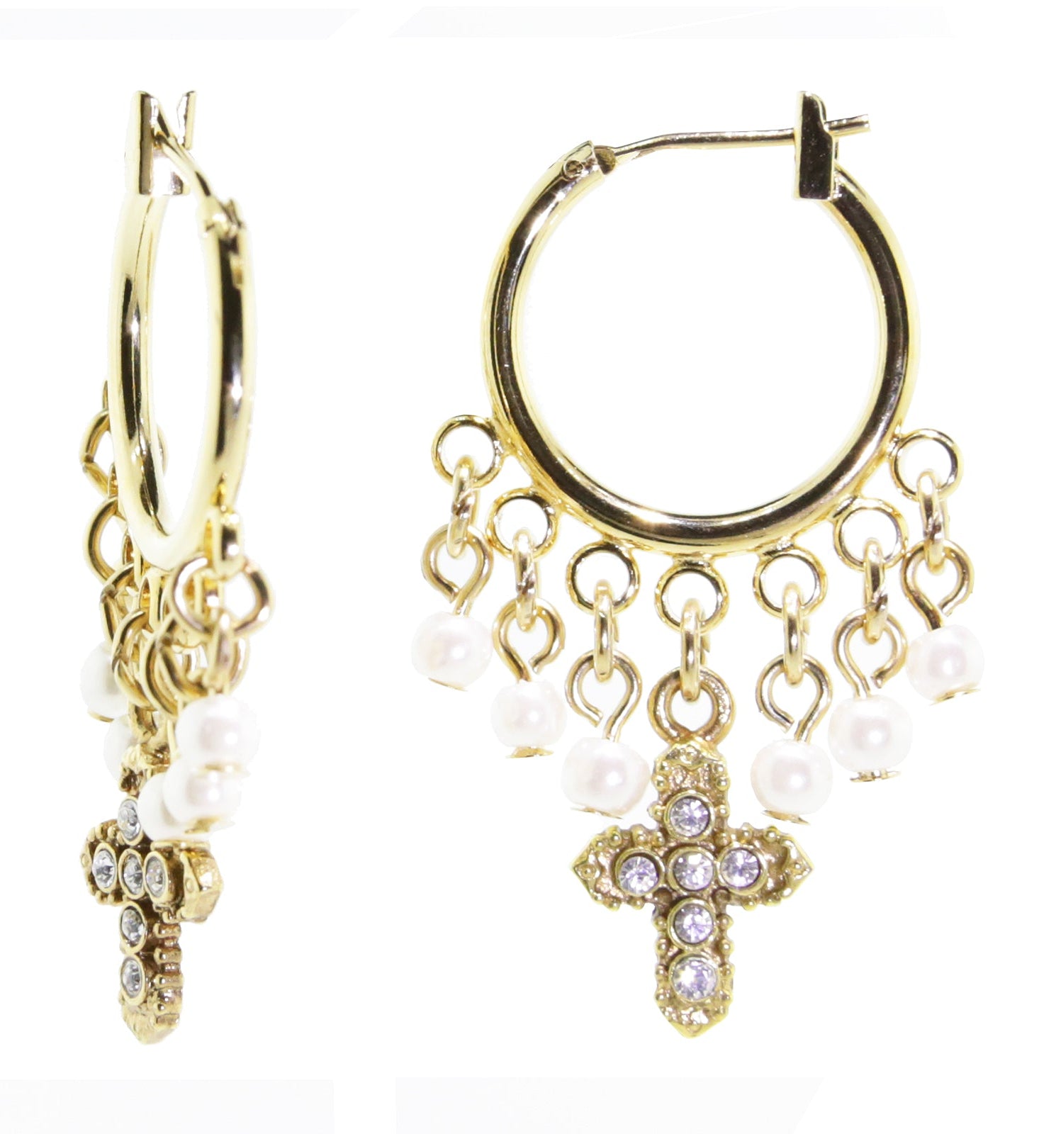 1928 Spiritual White Faux Pearl And Crystal Cross Hoop Drop Earrings