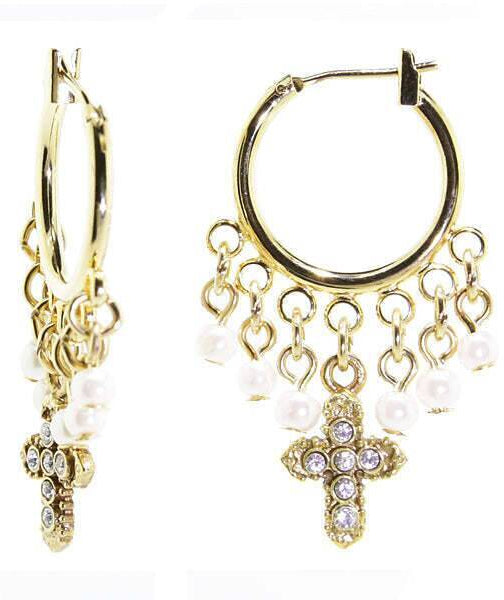 1928 Jewelry White Faux Pearl And Crystal Cross Hoop Drop Earrings