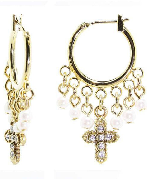 1928 Jewelry White Faux Pearl And Crystal Cross Hoop Drop Earrings