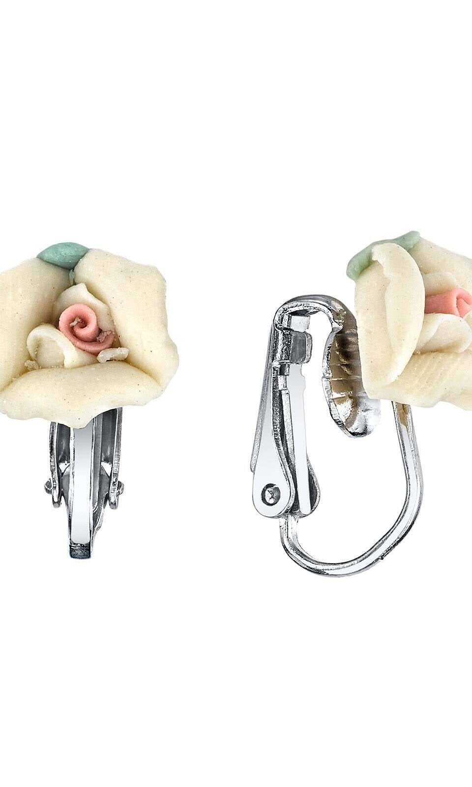 1928 Bridal Porcelain Rose Clip On Earrings